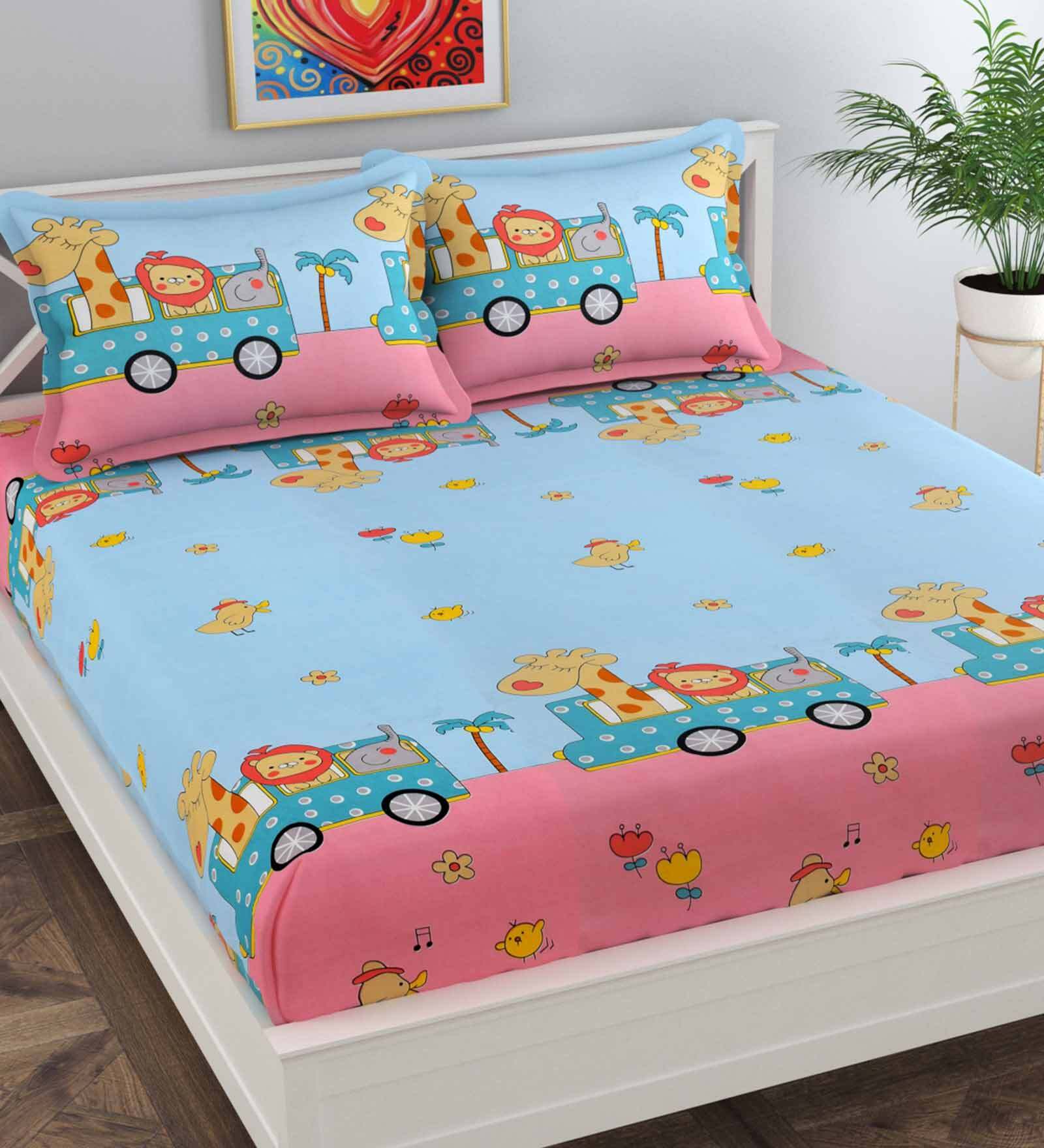 Buy Blue Kids TC 160 Poly Cotton Kids Queen Size Bed Sheet With 2