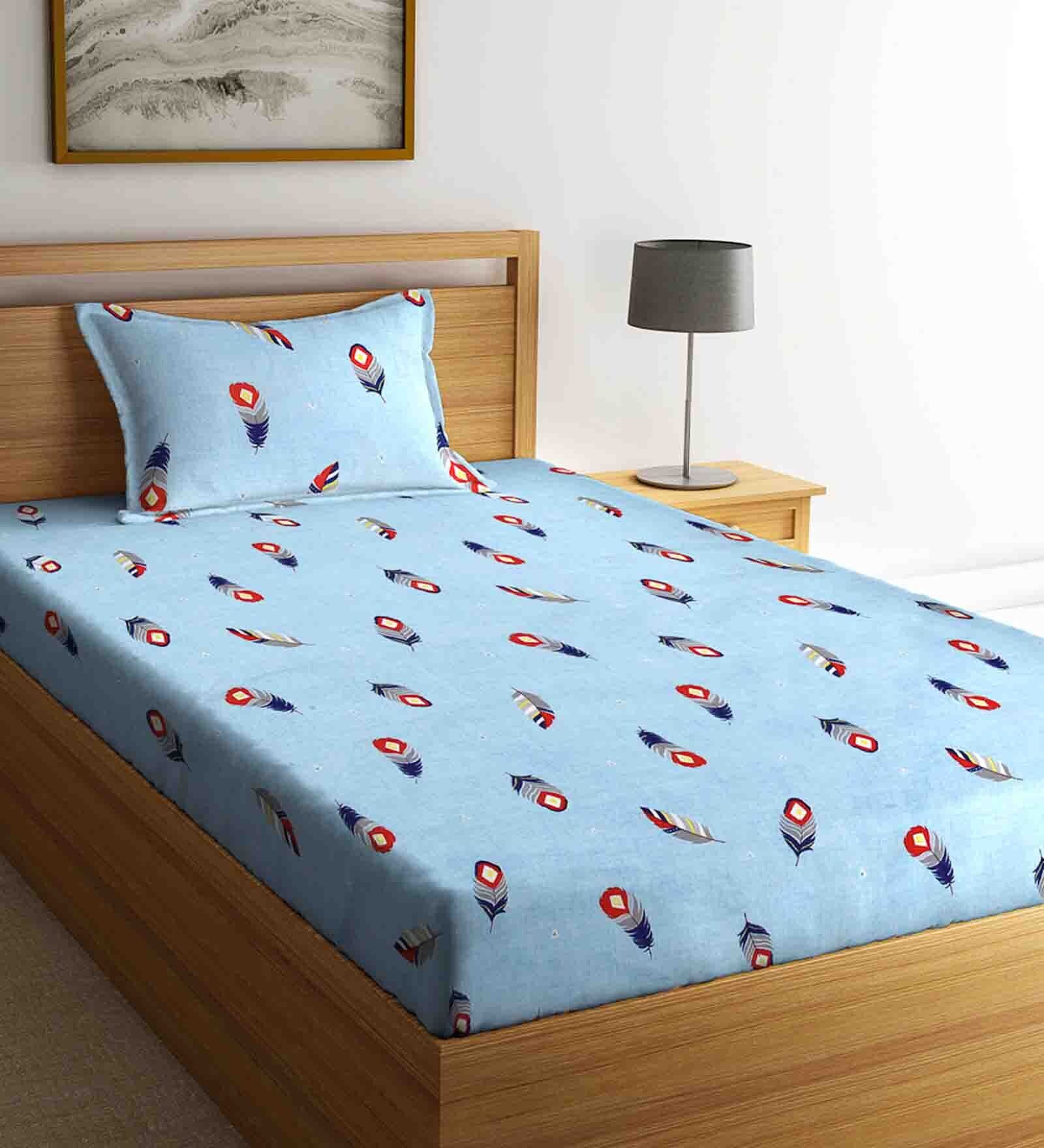 Blue Traditional 300 TC Cotton Single Bed Sized Bed Sheets With 1 Pillow Cover
