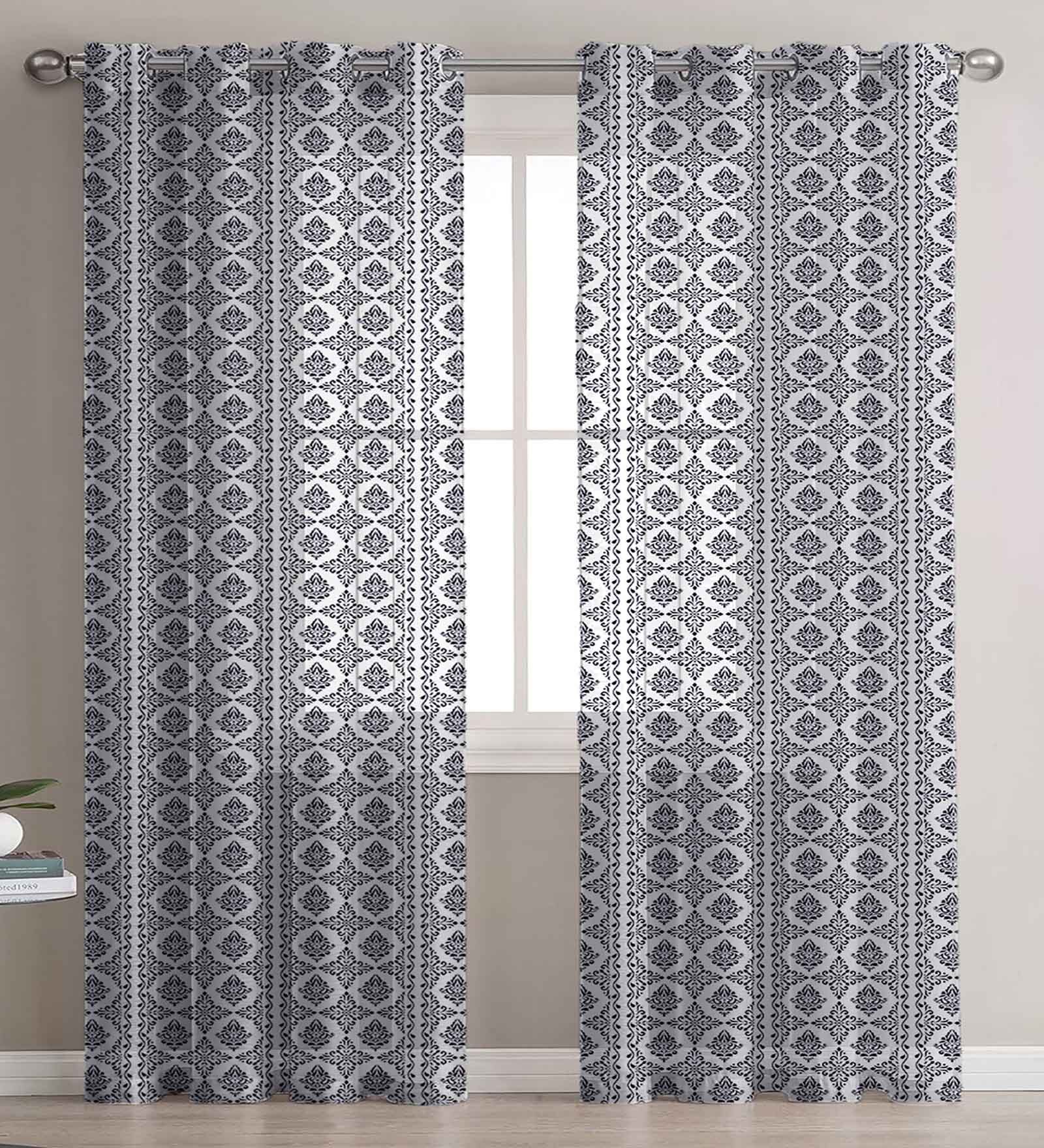 Blue Linen Ethnic motif 4ft Sheer Eyelet (1Pc) Window Curtain