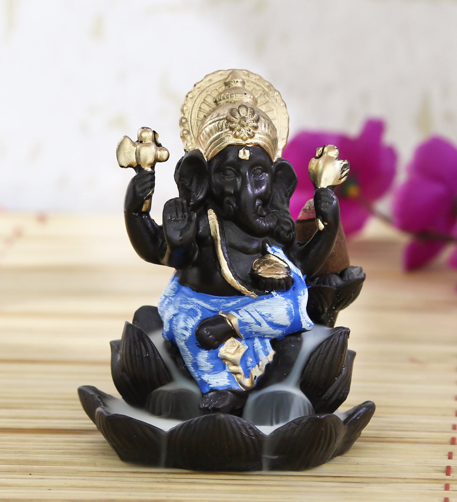 Blue Lord Ganesha Smoke Backflow Cone Incense Holder Decorative Showpiece