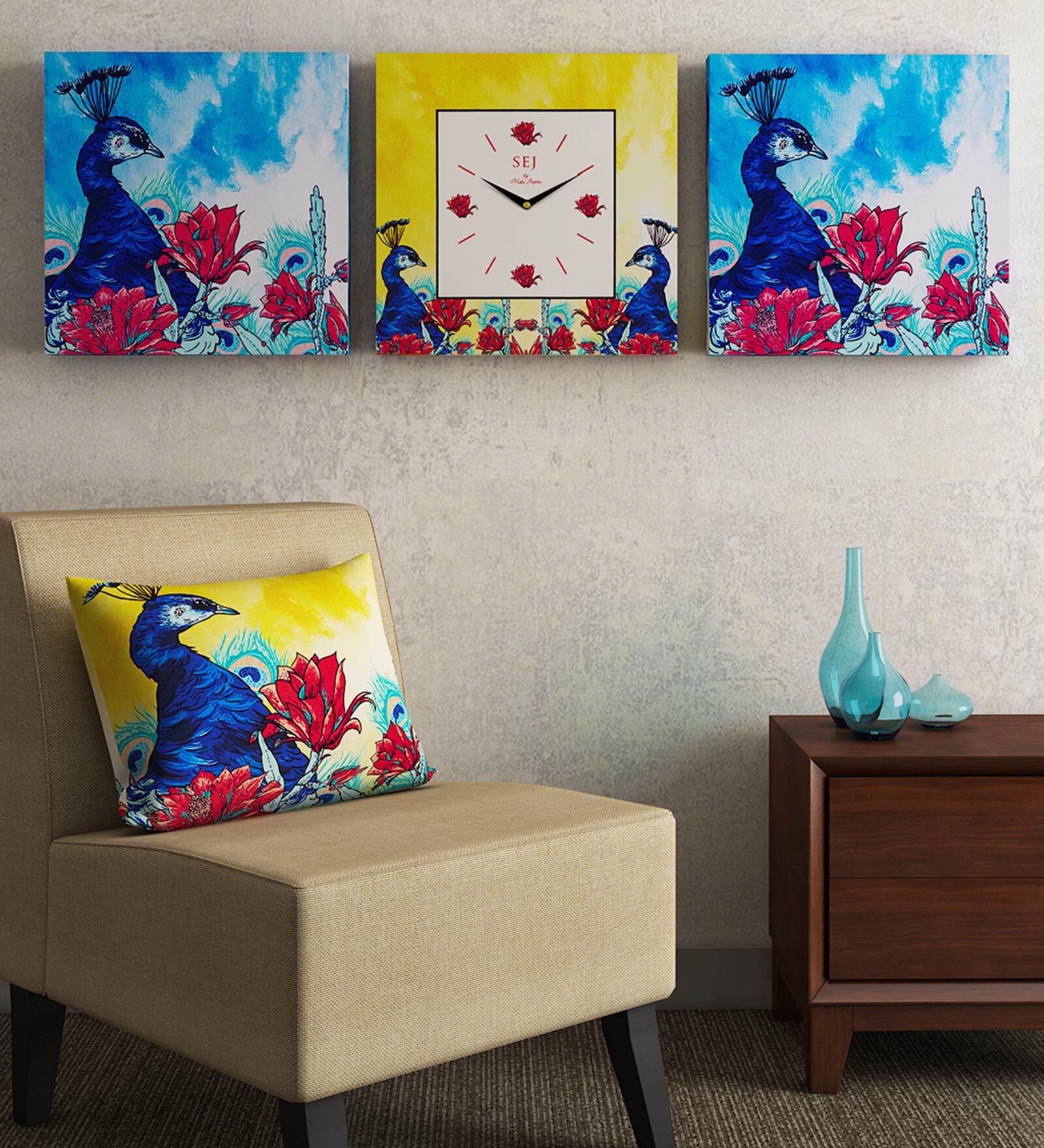 Blue Mdf Framed Analog Wall Clock With 2 Wooden Panel