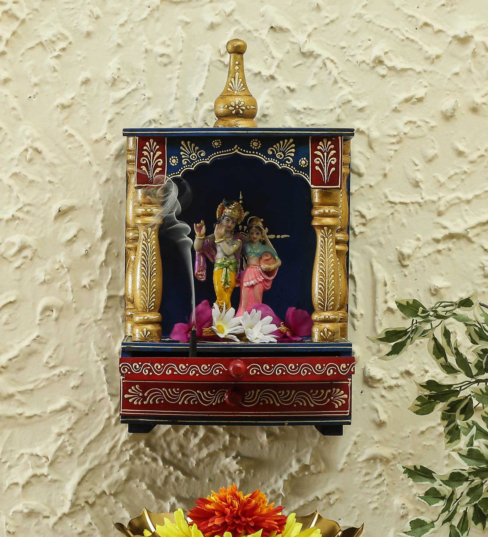 Blue Wood Wall Mounted Mandir Without Door