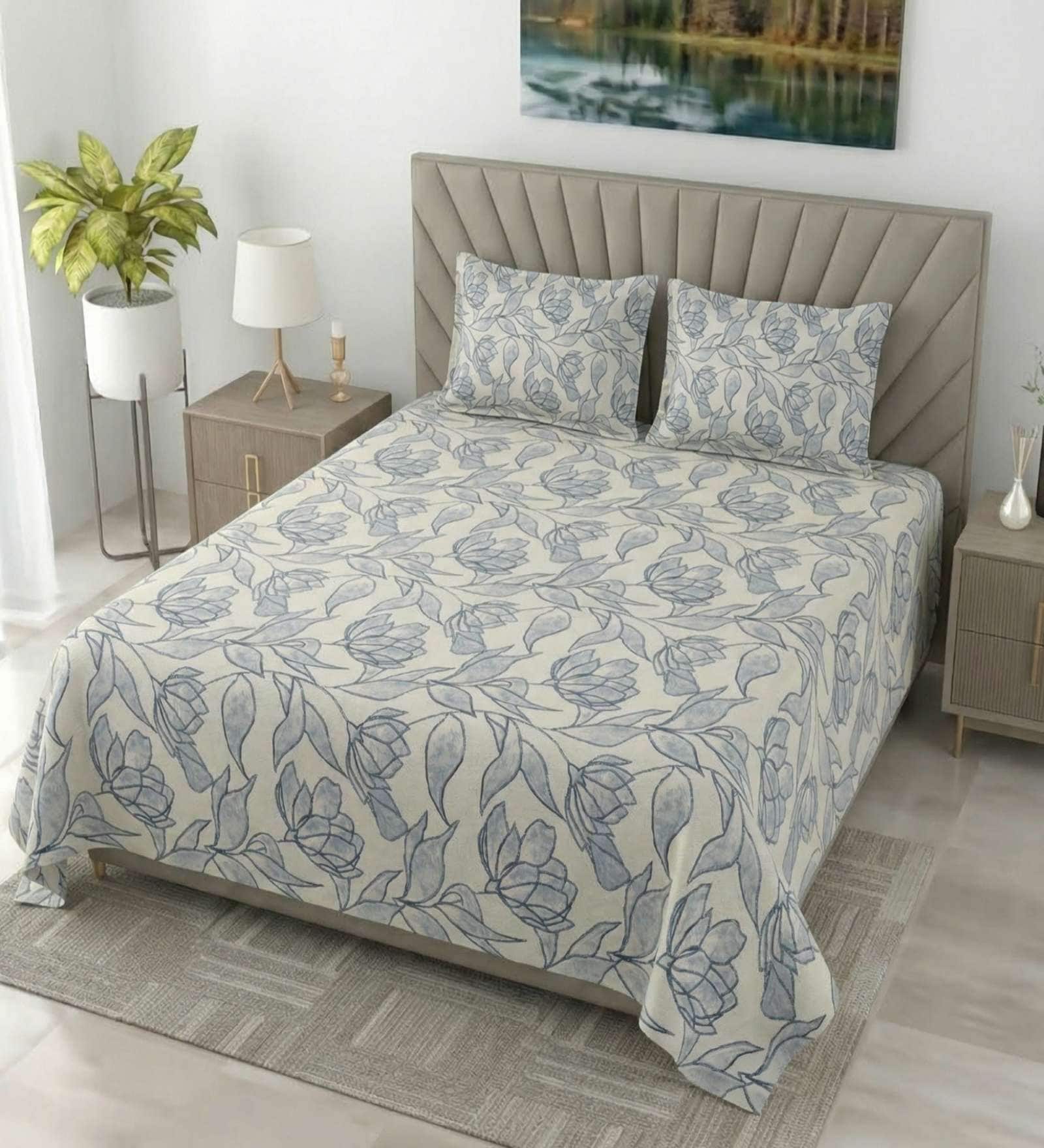 Blue Metro 186 TC Cotton King Bedsheet With 2 Pillow Covers Blue Metro 186 TC Cotton King Bedsheet With 2 Pillow Covers