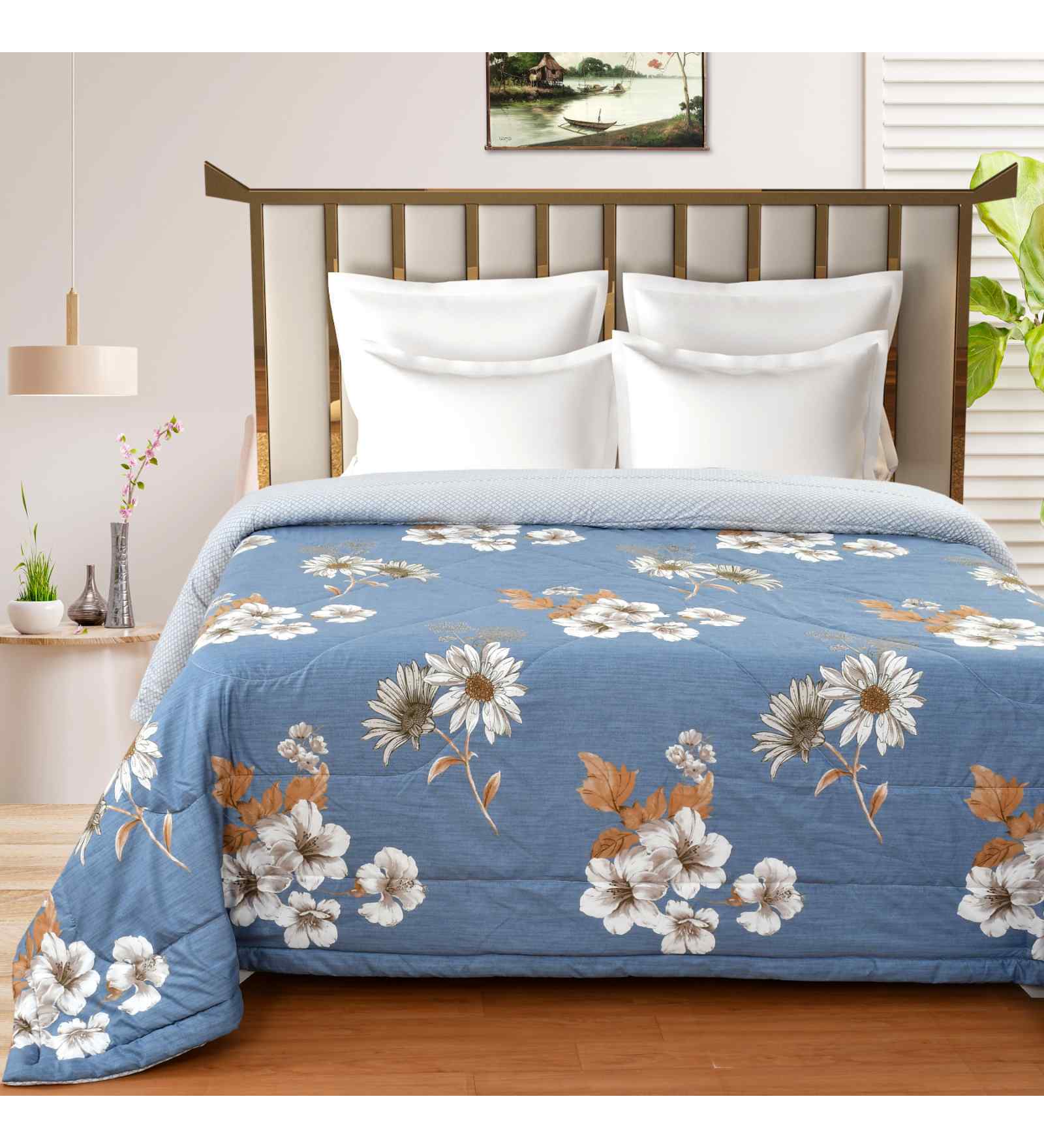 Blue Microfiber Floral 180 GSM Double Size Reversible Comforter