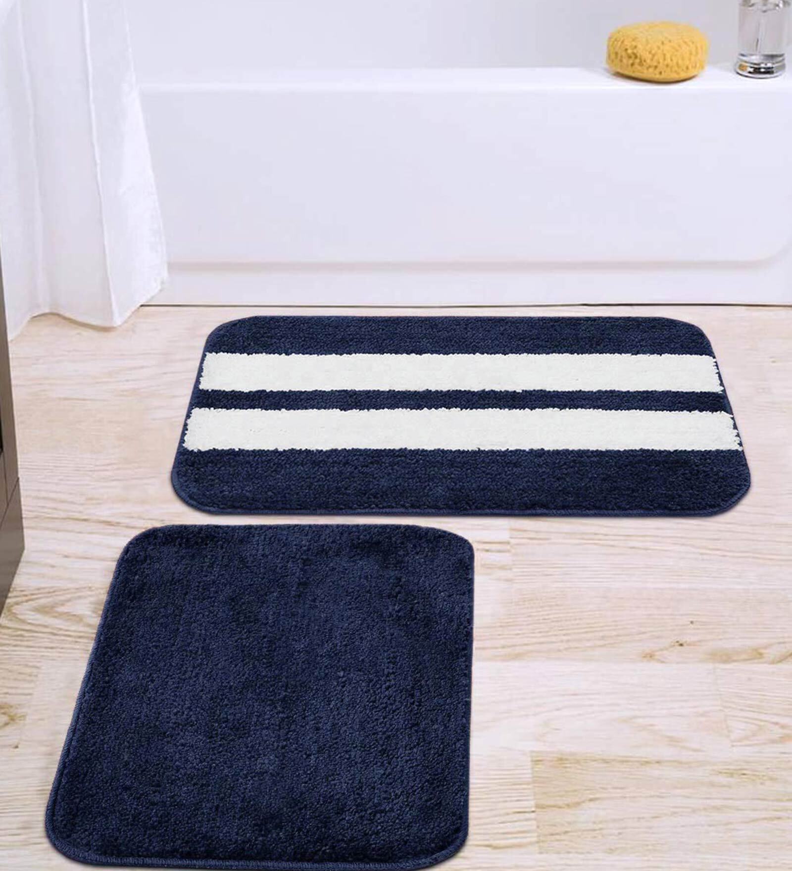 Blue Geometric Microfibre 16x24 Inches AntiSkid Bath Mat (Set of 2)