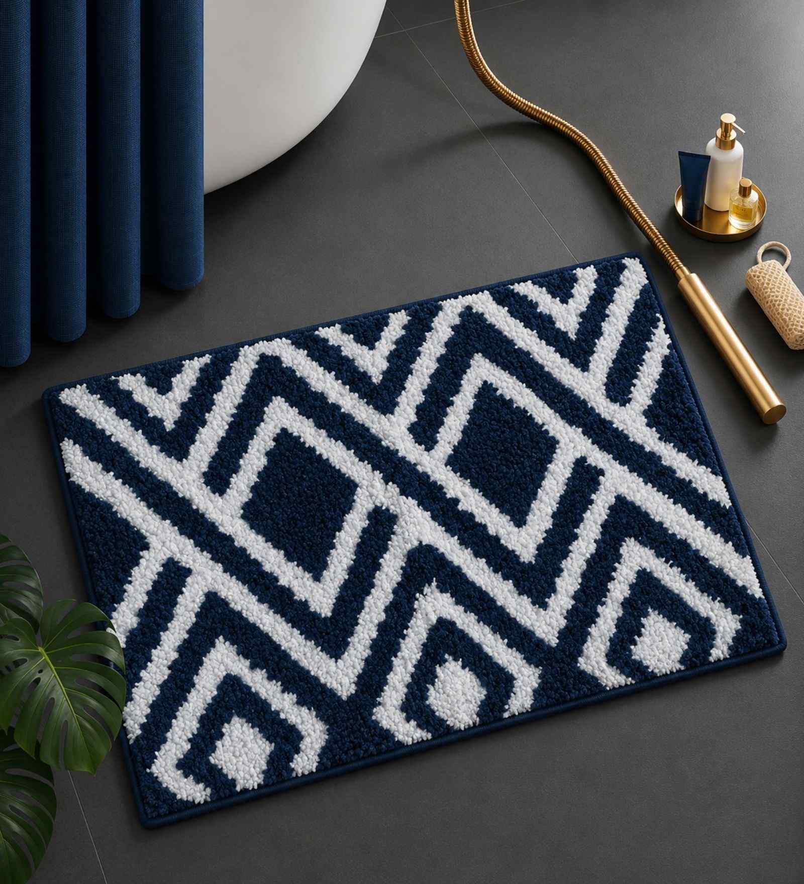 Blue Geomatric Microfibre 24X16 Inches Anti-Skid Bath Mat