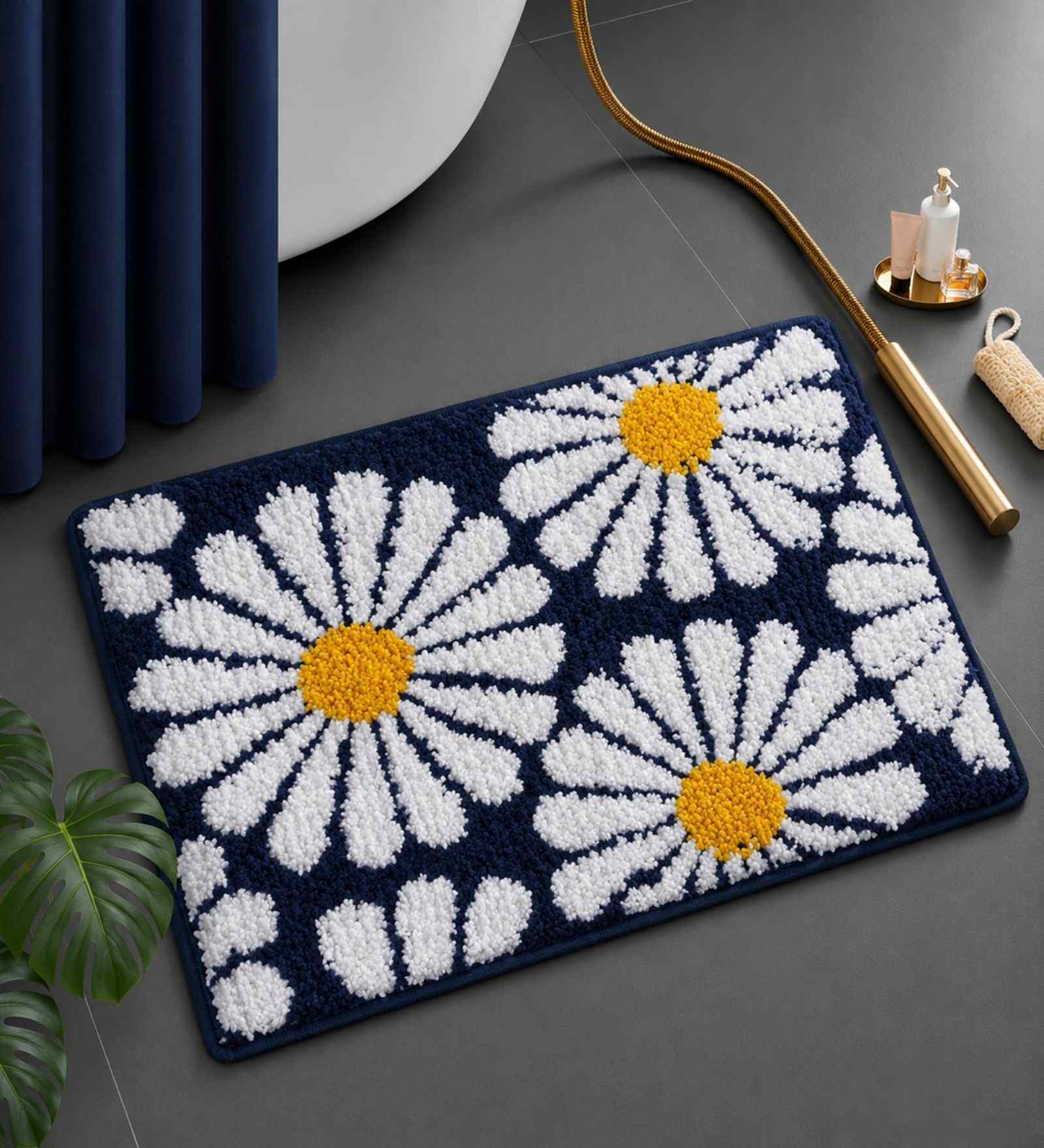 Blue Floral Microfibre 24X16 Inches Anti-Skid Bath Mat