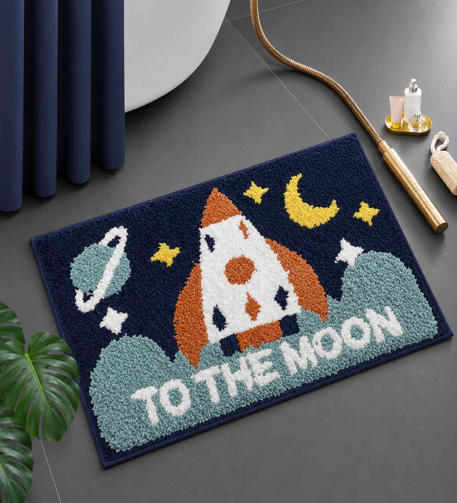 Blue To The Moon Microfibre 24X16 Inches Anti-Skid Bath Mat