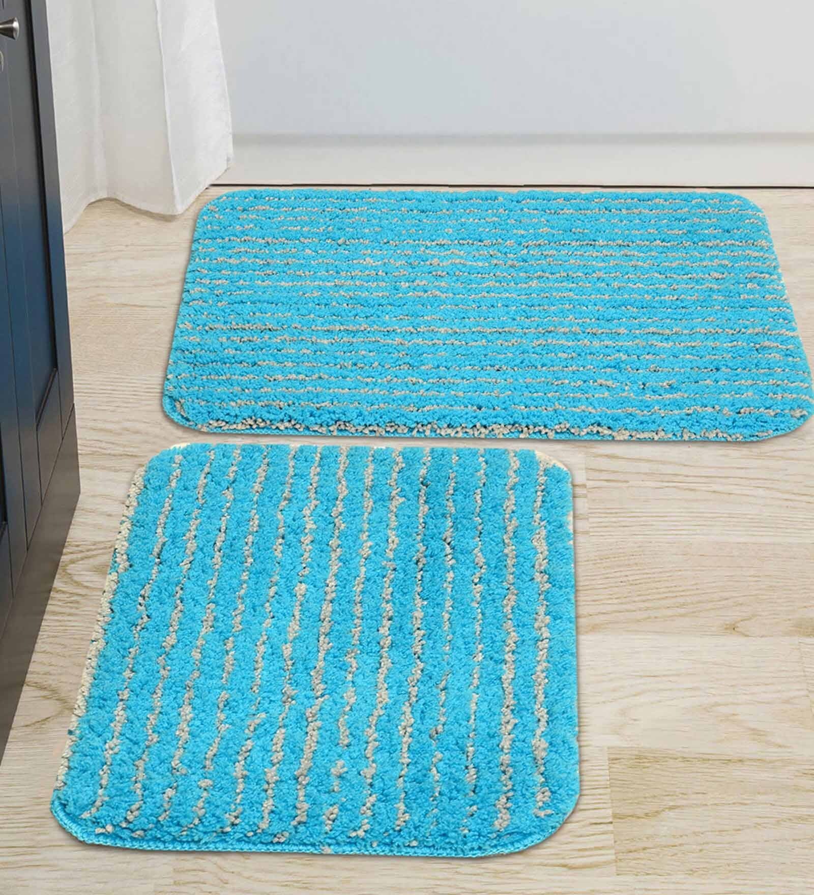 Blue Geometric Microfibre 20x14 Inches AntiSkid Bath Mat (Set of 2)