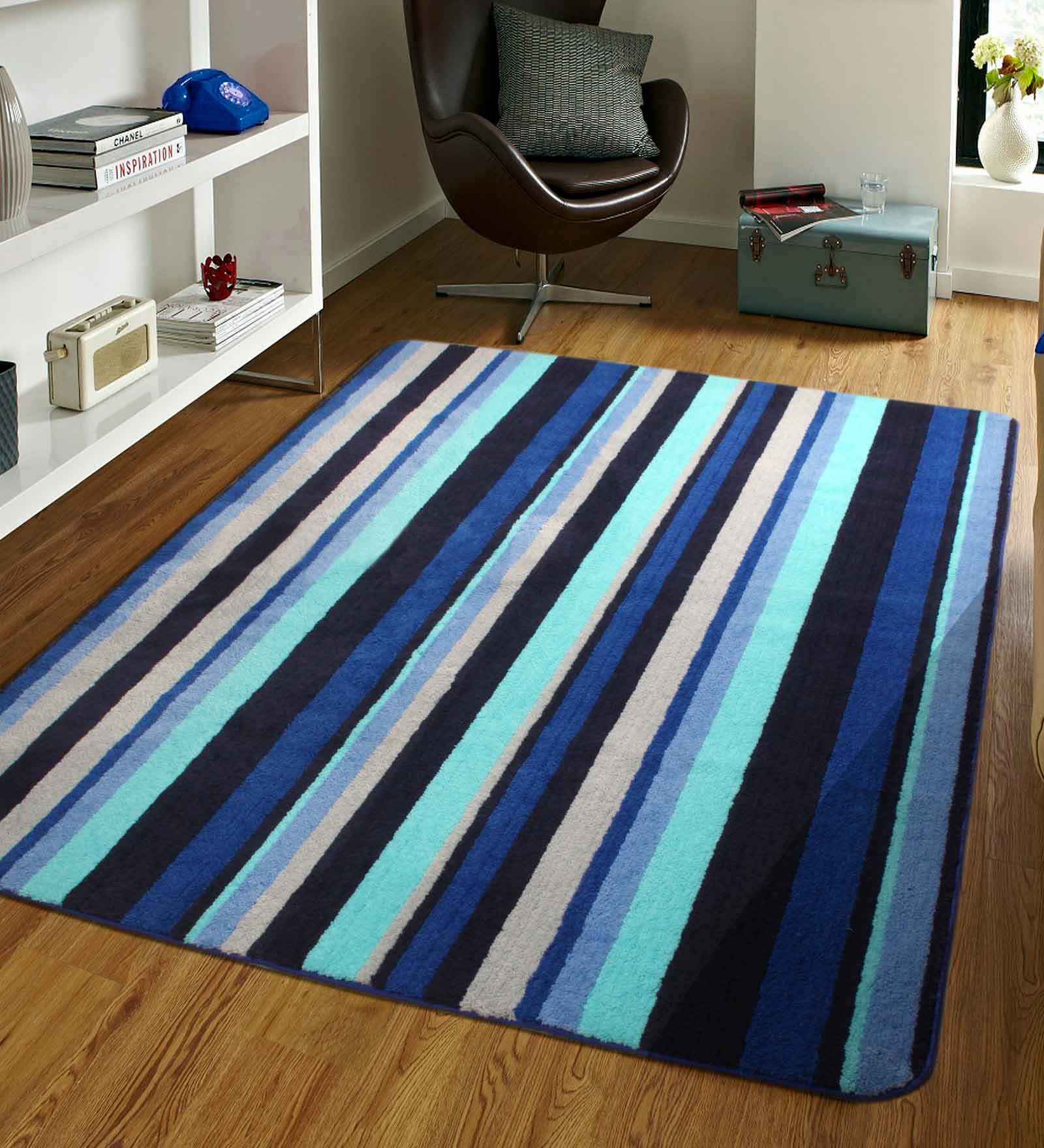 Buy Blue Microfibre Striped 6 x 9 Feet Hand Woven Carpet by Saral Home