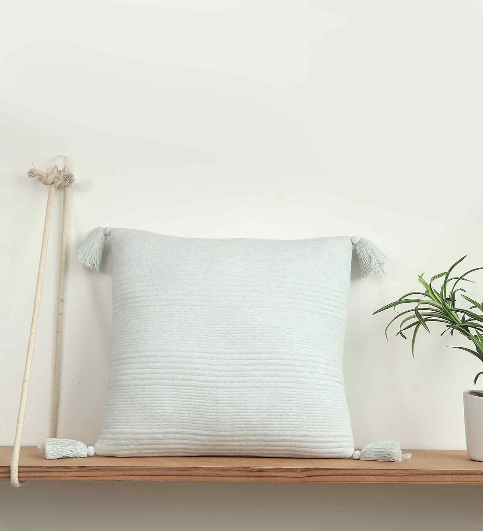 Blue Milange 100% Cotton Streak 18X18 Inches Knitted Cushion Cover