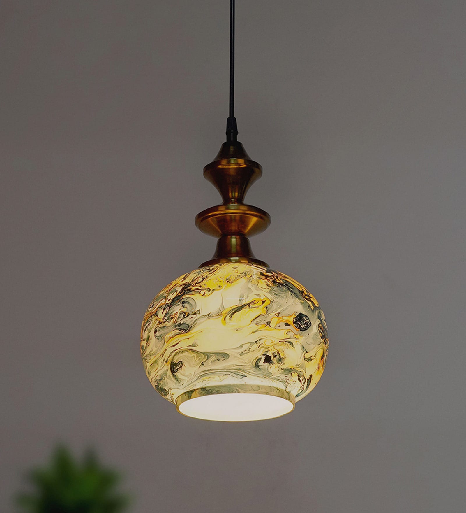 Blue Mild Steel and Glass Single Hanging Light