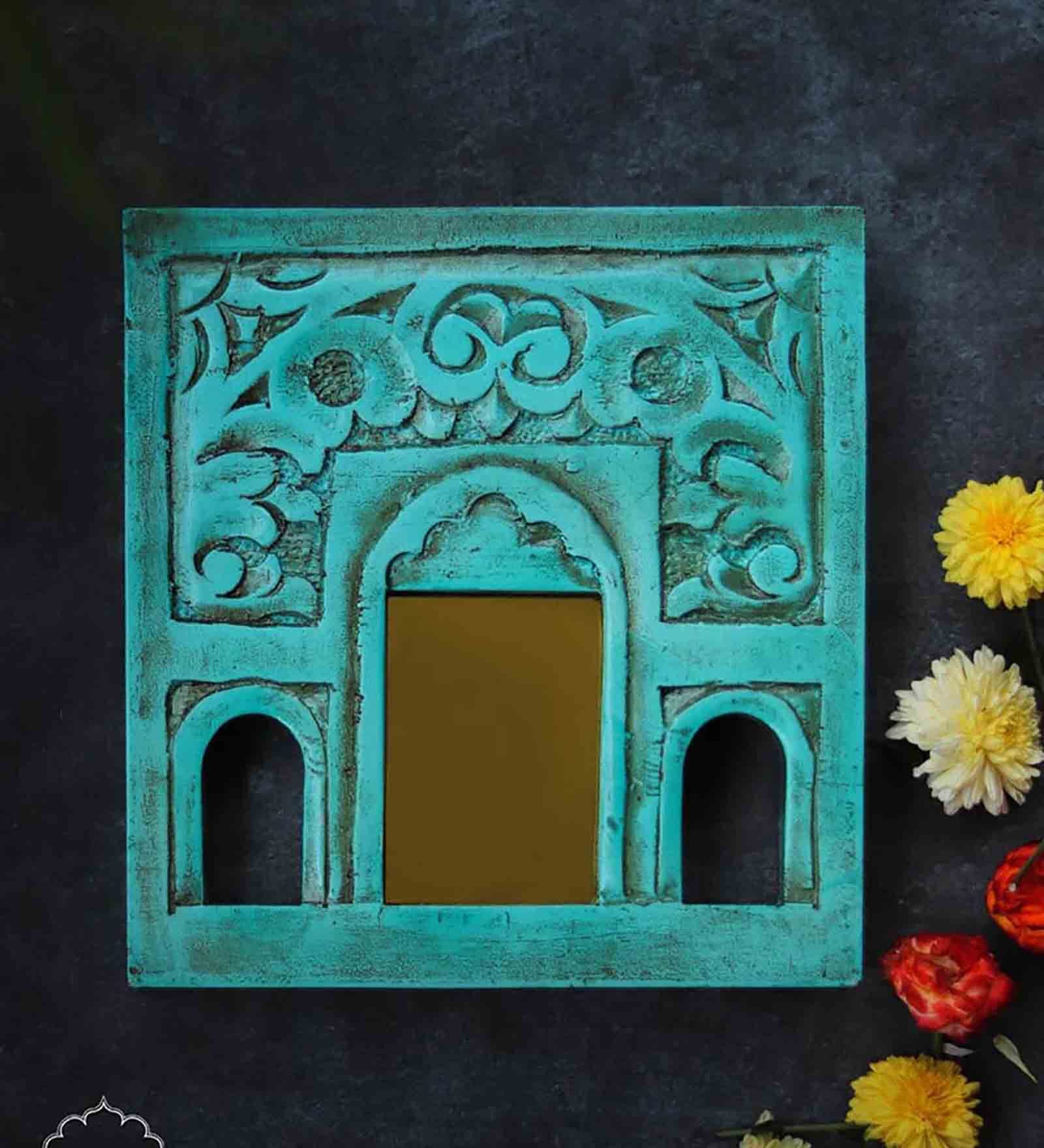 Blue Miniature Jharokha  Wooden Wall Mirror