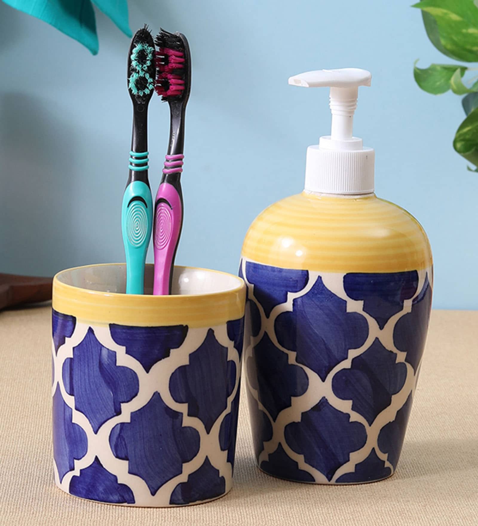 Blue Moroccan Blue Ceramic (Set of 2) Bath Accessory Set