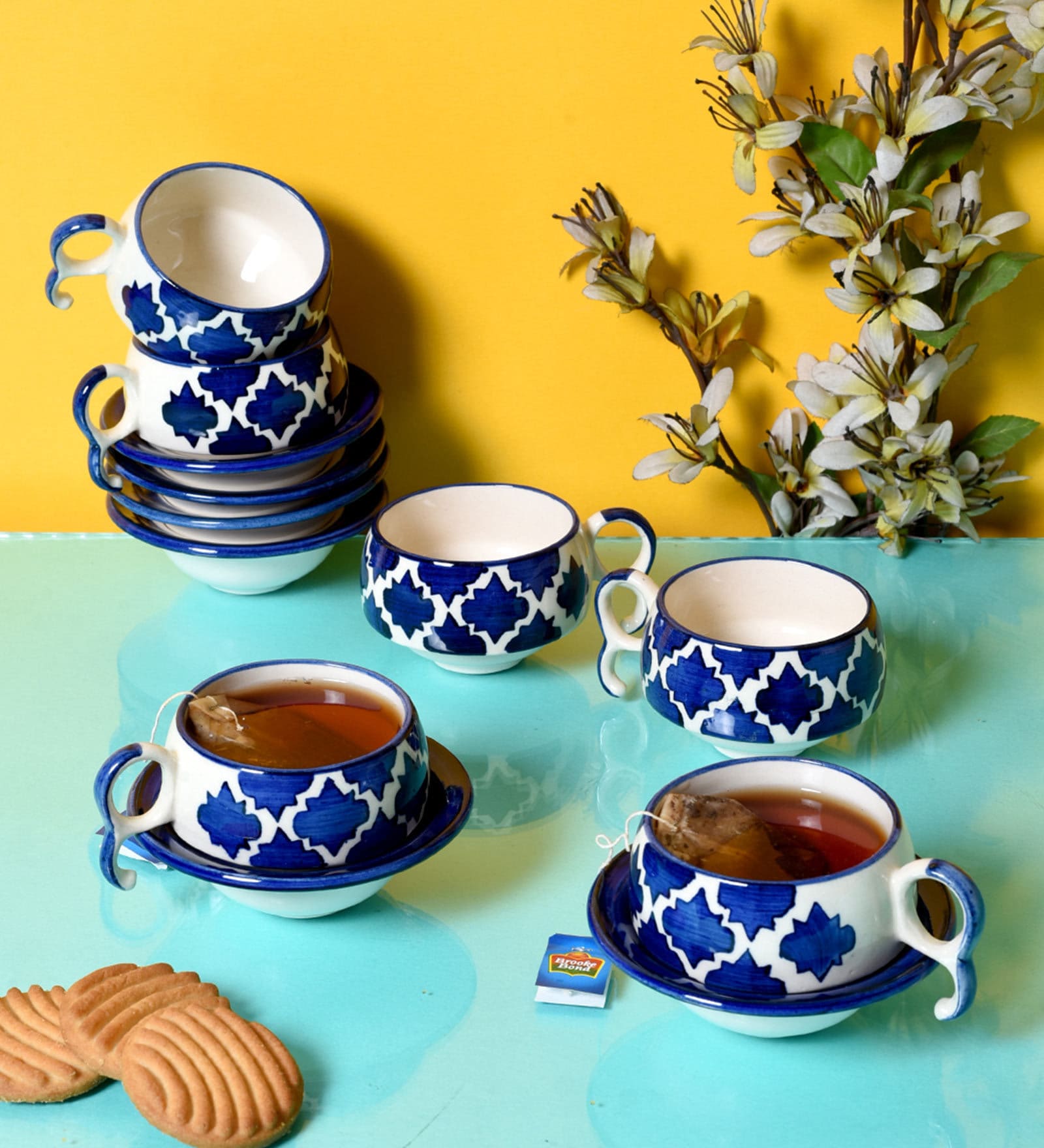 Ceramic 100 ML Blue Moroccan Handpainted Chirag Tea Cups Saucer(Set of 6)