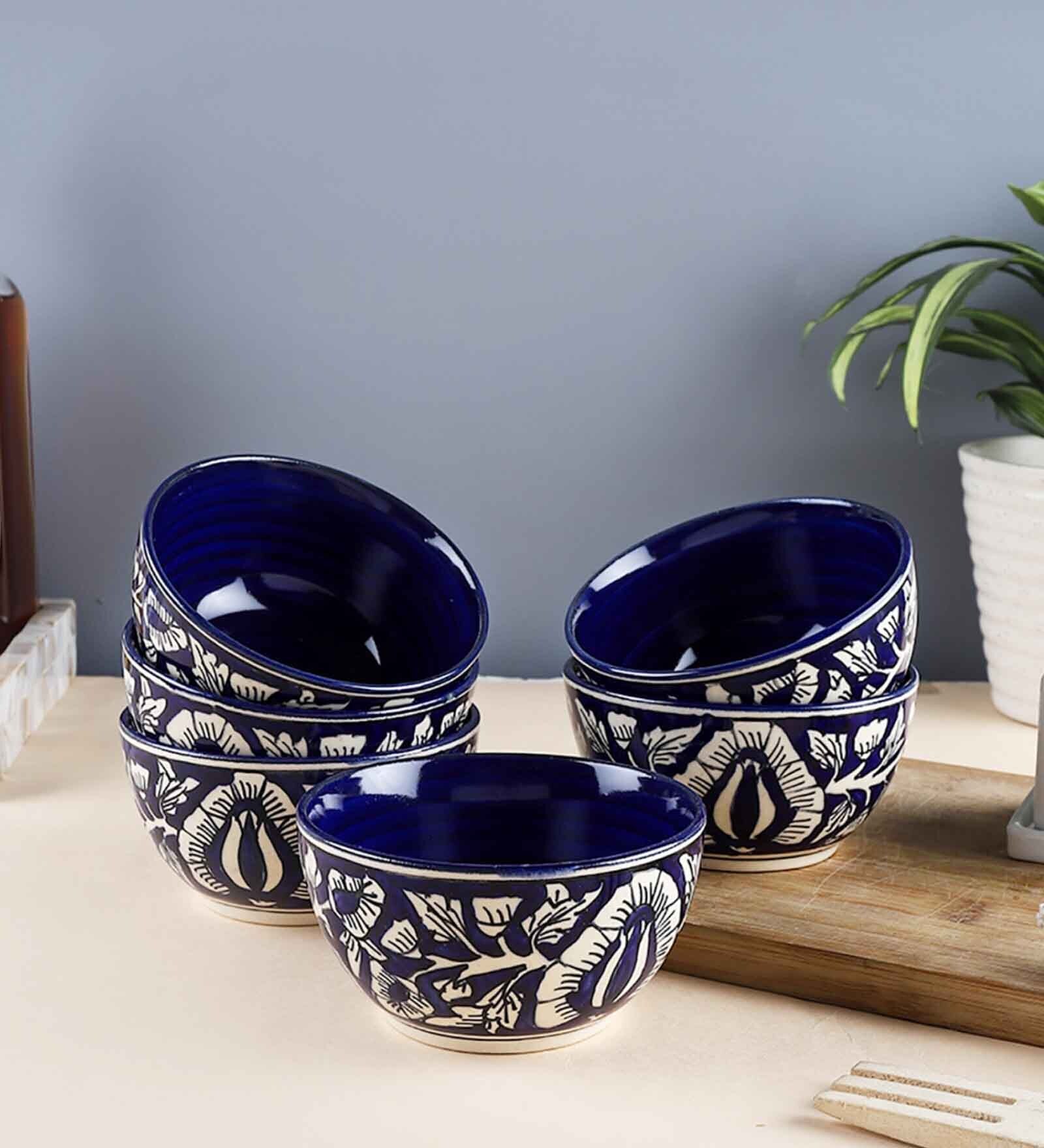 Blue Mughal Hand Crafted Ceramic Veg Bowls (Set of 6)