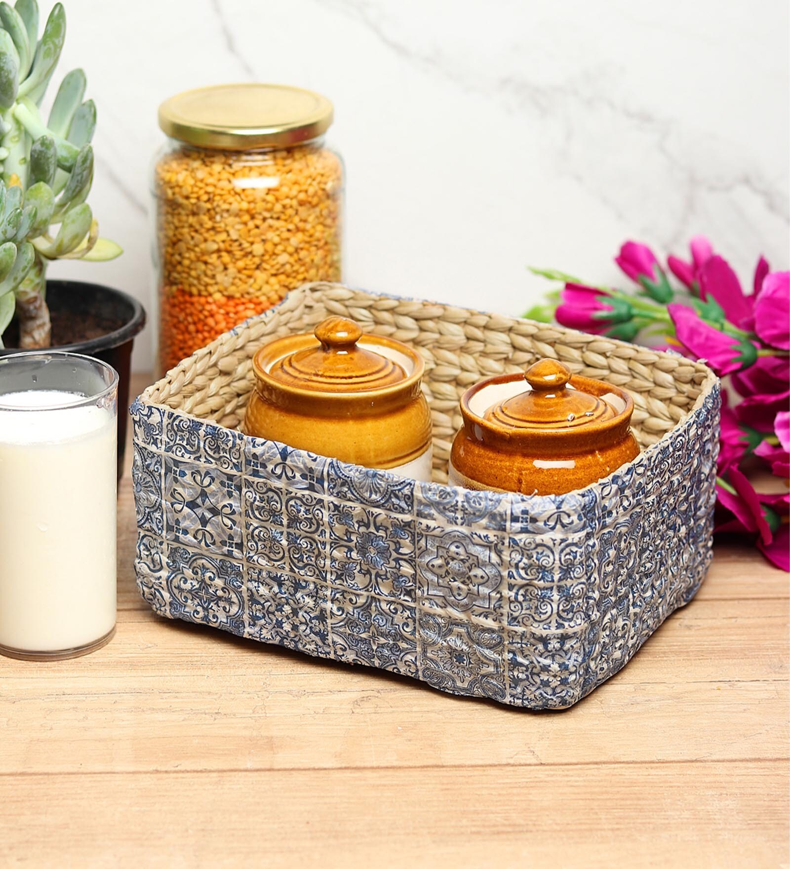 Blue Natural Fibre Hamper Fruit Basket