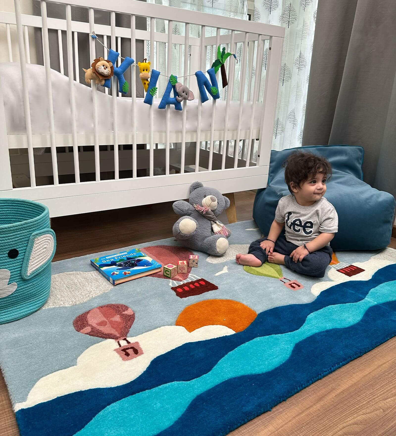 Blue Nursery Wool 3 ft x 5 ft Hand tufted Carpet