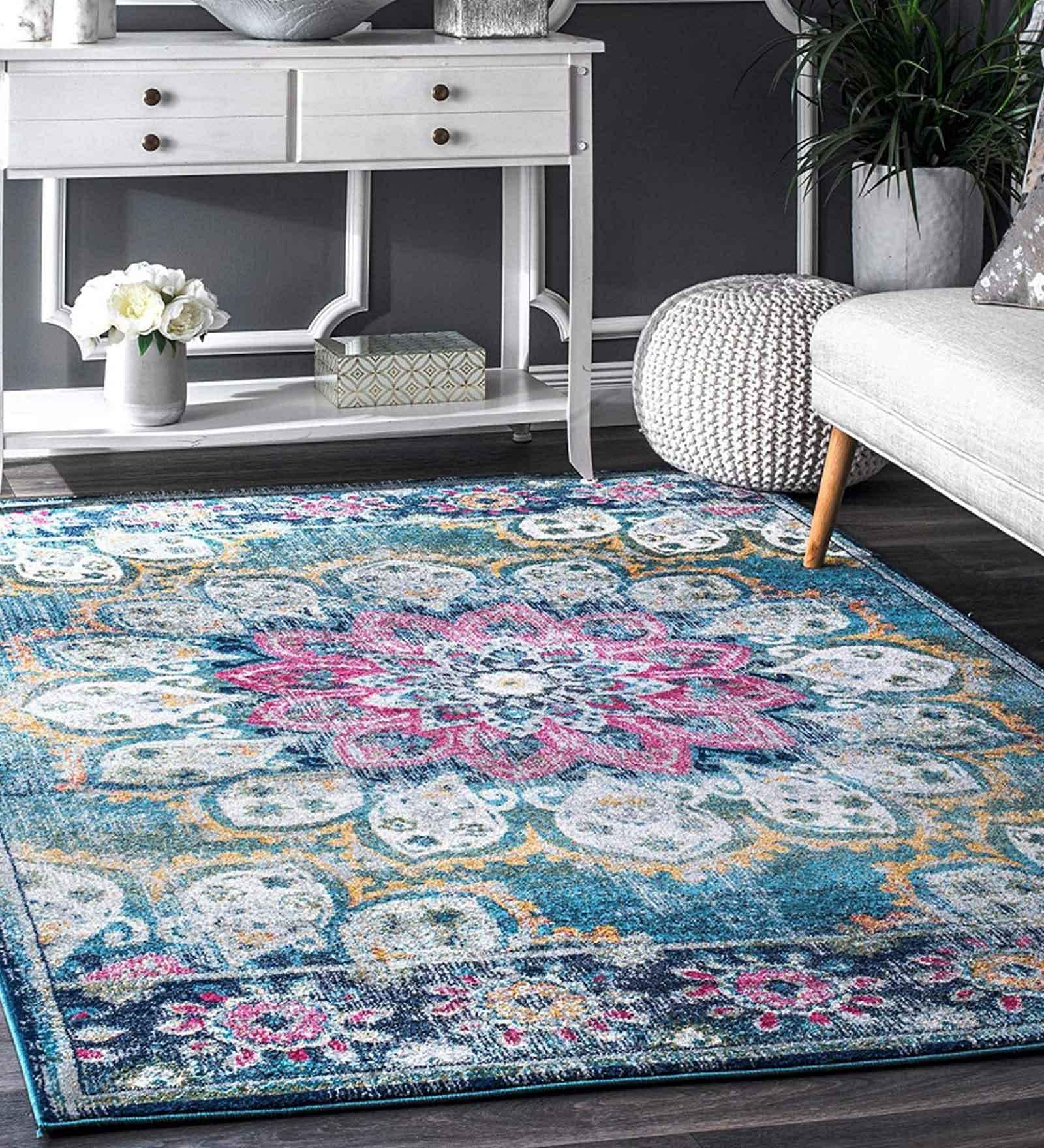 Blue Persian Polyester 3 ft x 5 ft Machine Made Carpet