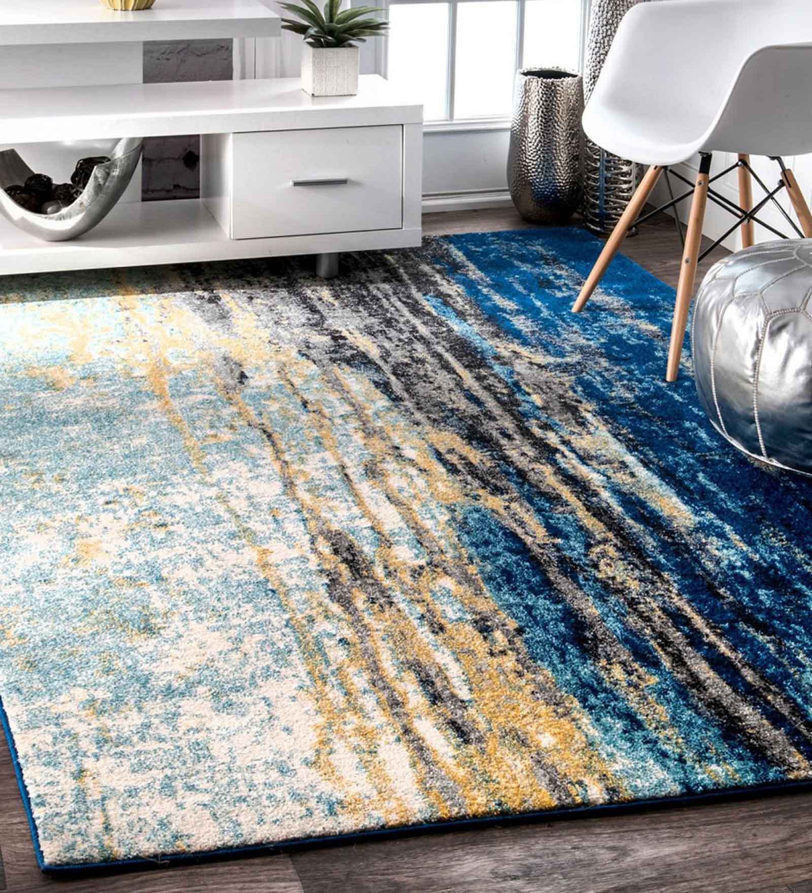 Blue Nylon Abstract 4 x 6 Feet Machine Made Carpet