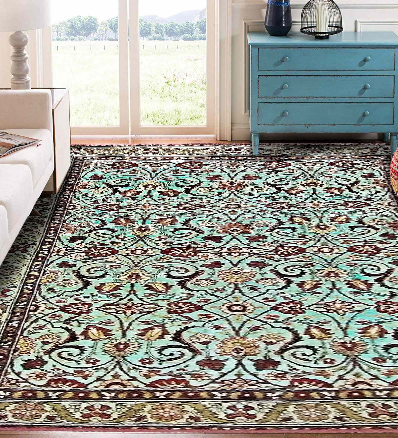 Green Persian Polyester 4 ft x 6 ft Machine Made Carpet
