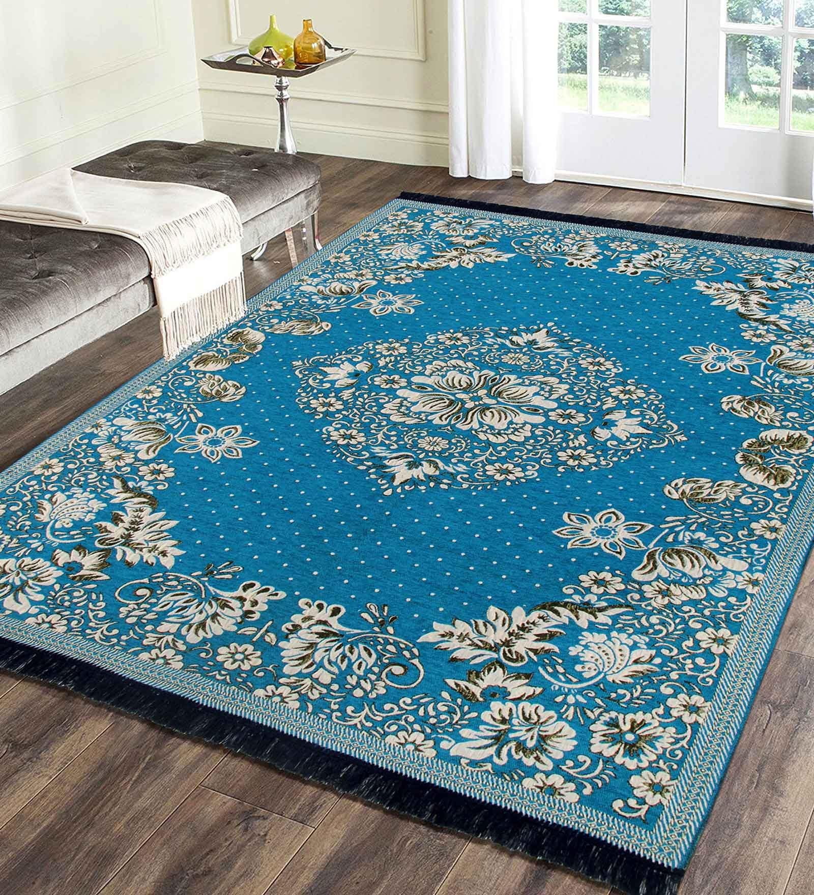 Blue Chenille Vintage 4 x 6 Feet Machine Made Carpet