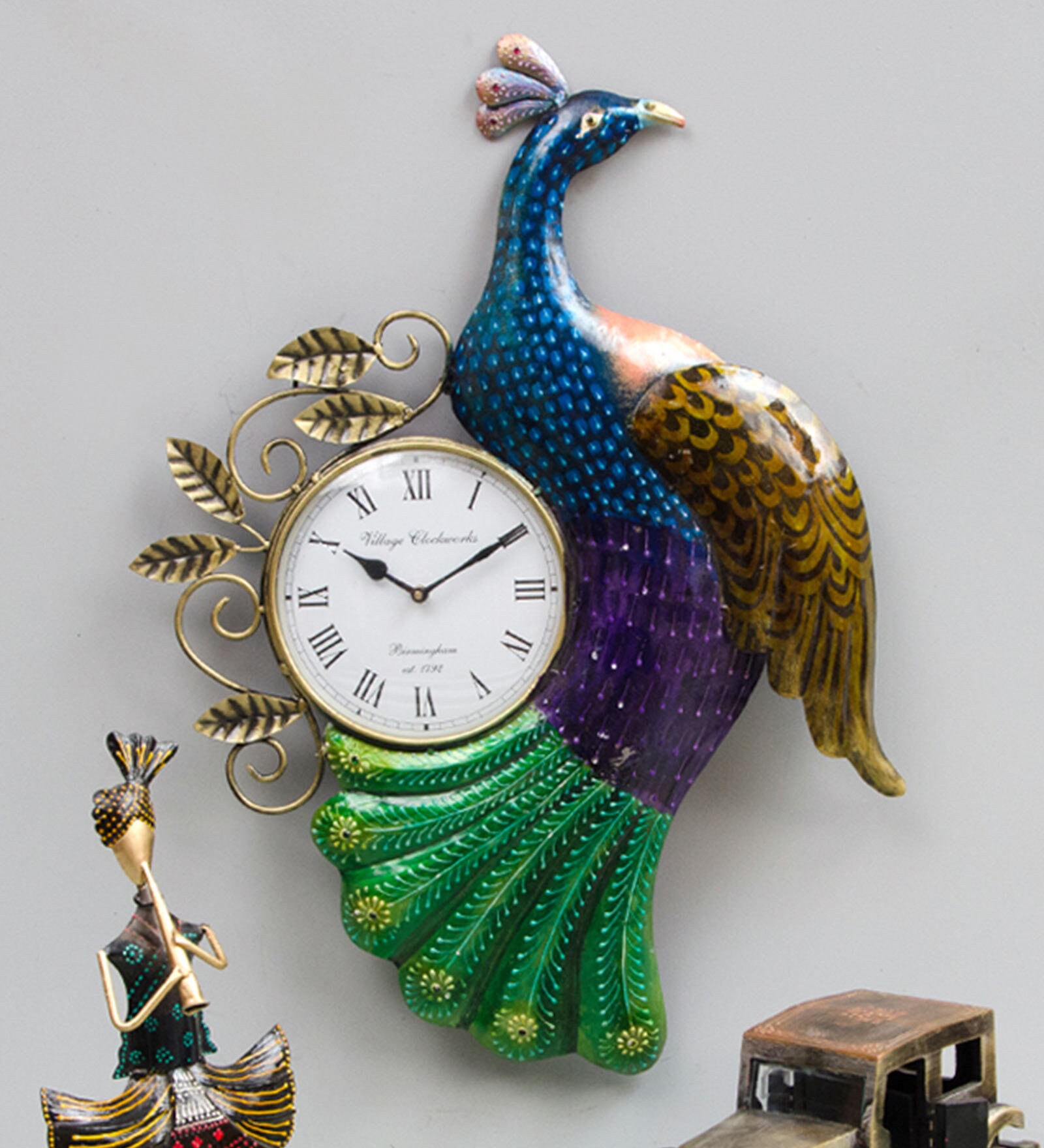 Blue Peacock Iron Clock In Blue