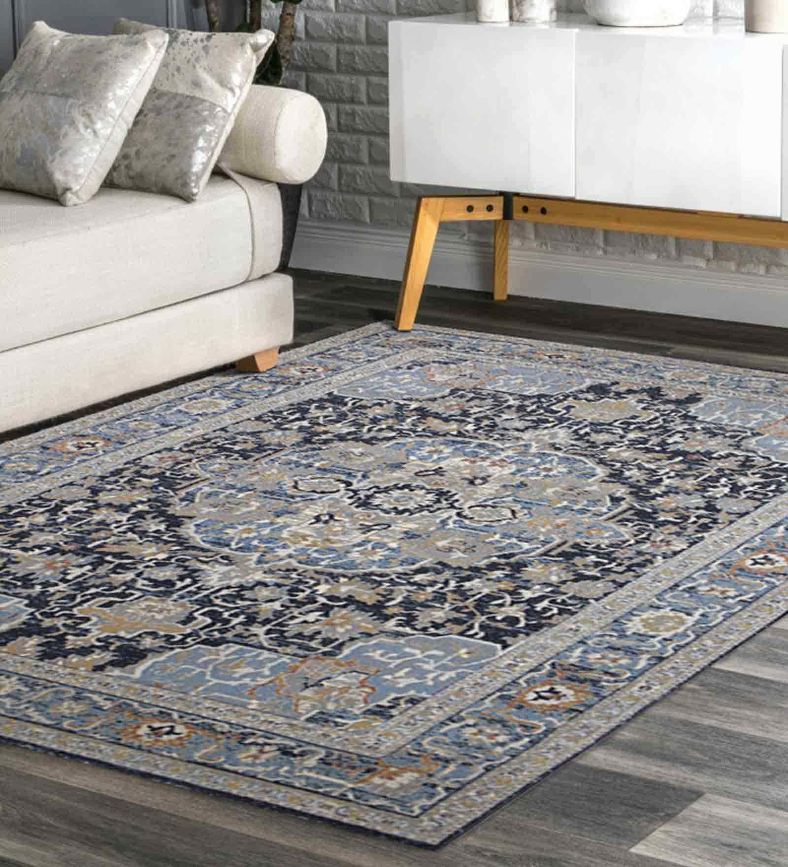 Blue Persian Polyester 5x8 Feet Machine Made Carpet