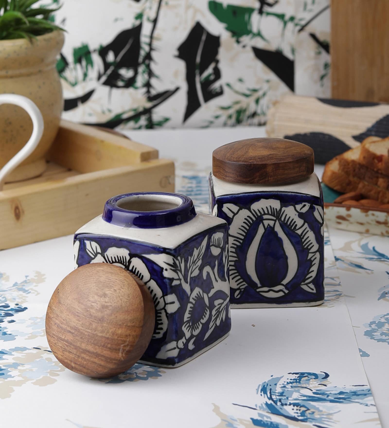 120 ML Ceramic Condiment Jars in Blue Set of 2