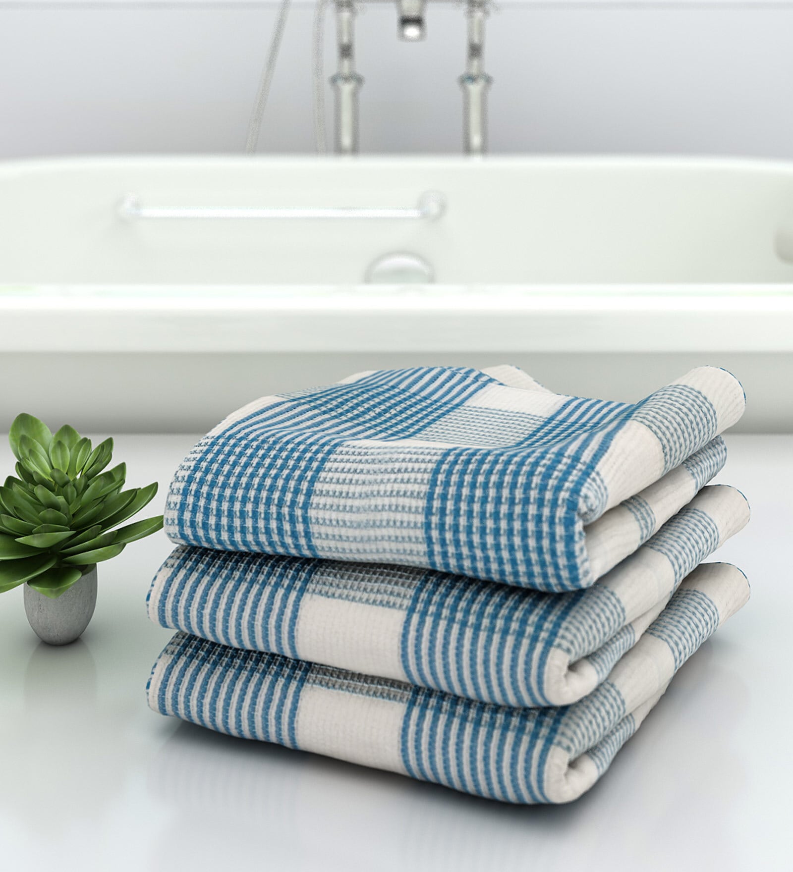 Blue Pin Stripes  210 GSM 100% Cotton Bath Towel (Set of 3)