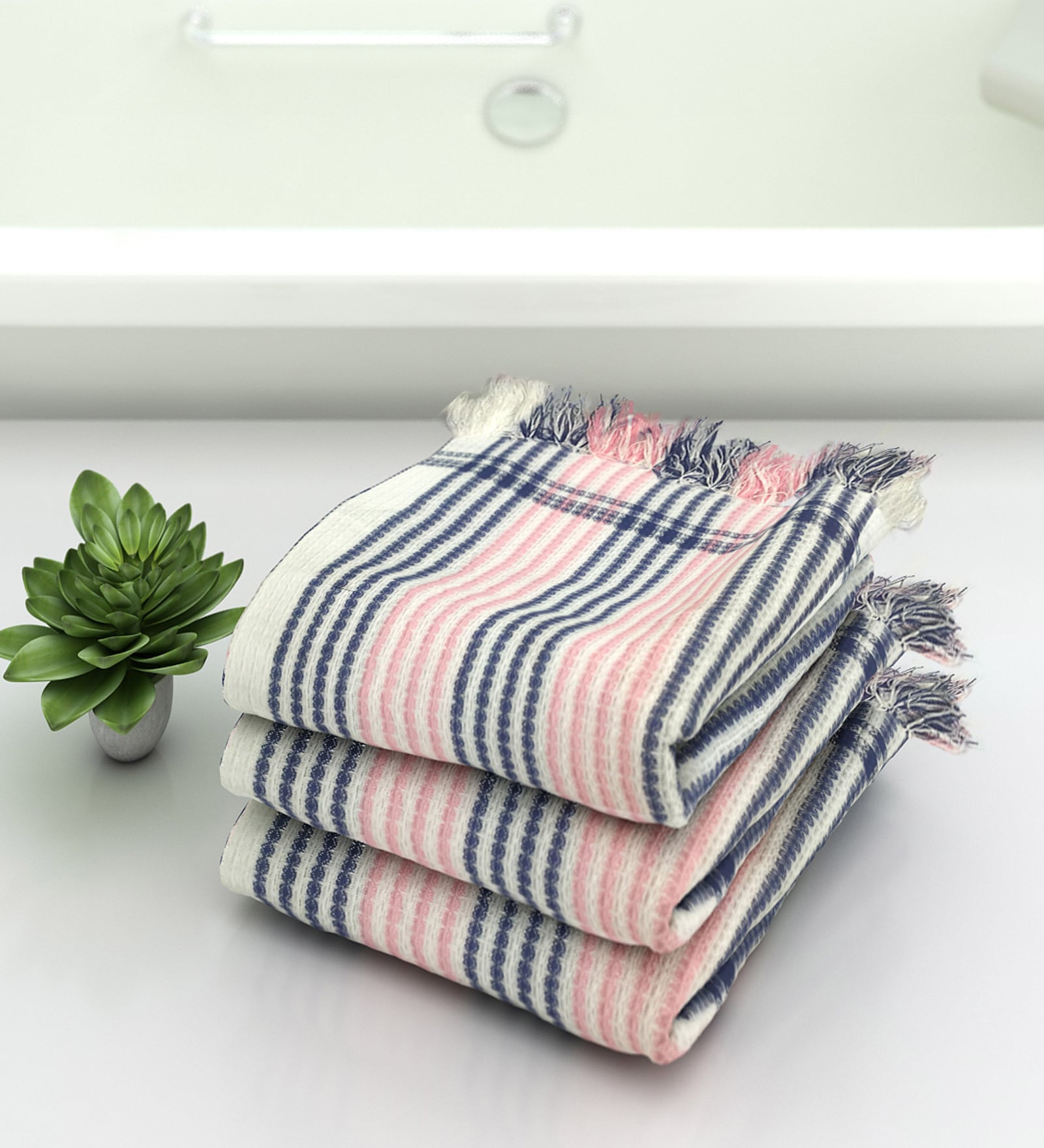 Blue & Pink Stripes  210 GSM 100% Cotton Bath Towel (Set of 3)