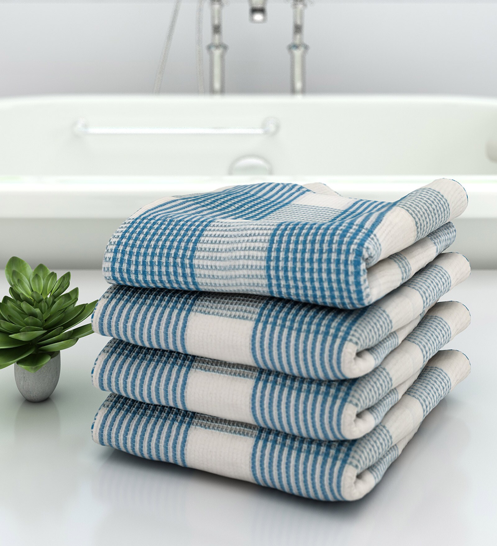 Blue Stripes  210 GSM 100% Cotton Bath Towel (Set of 4)