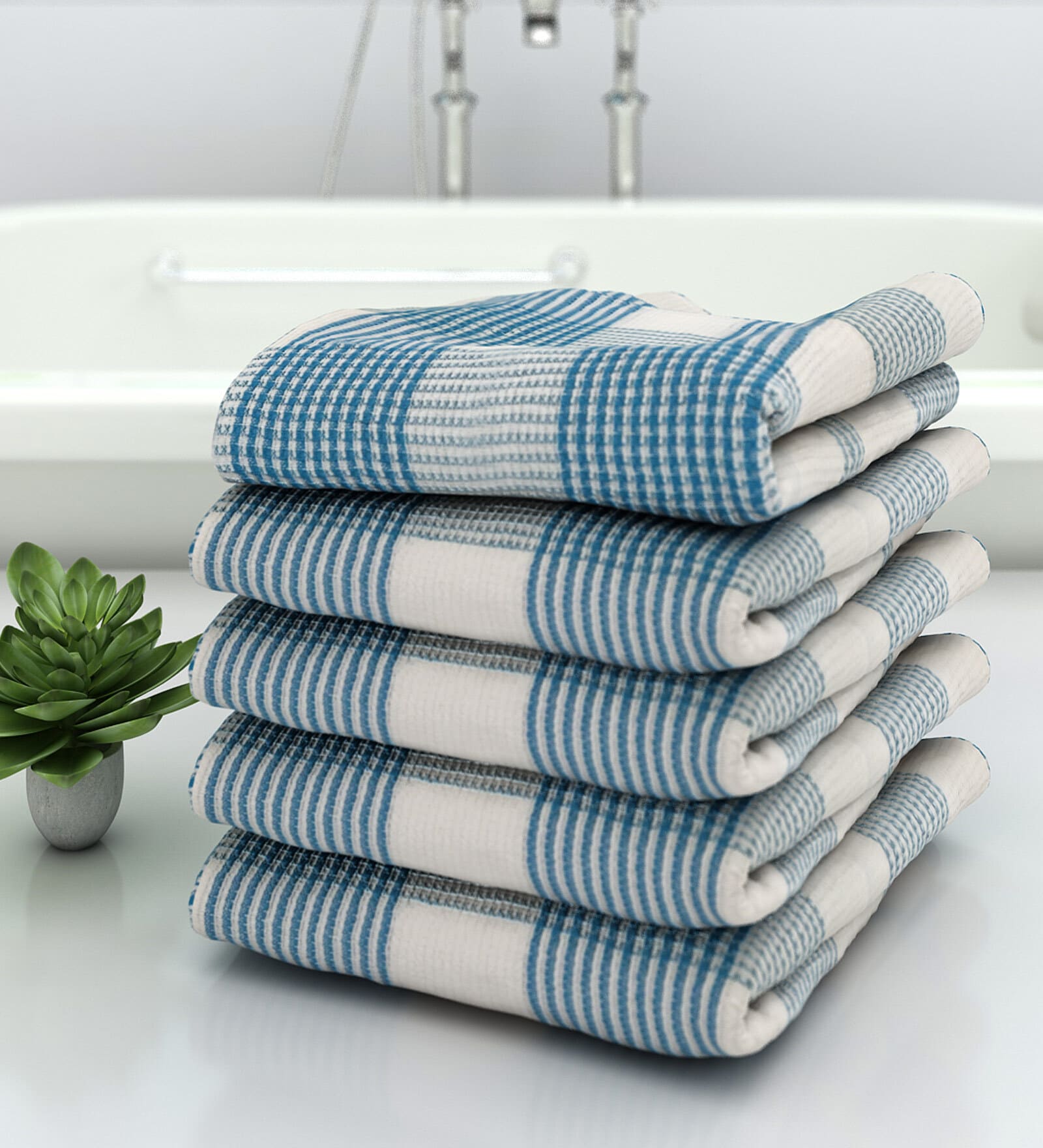 Blue Pin Stripes  210 GSM 100% Cotton Bath Towel (Set of 5)