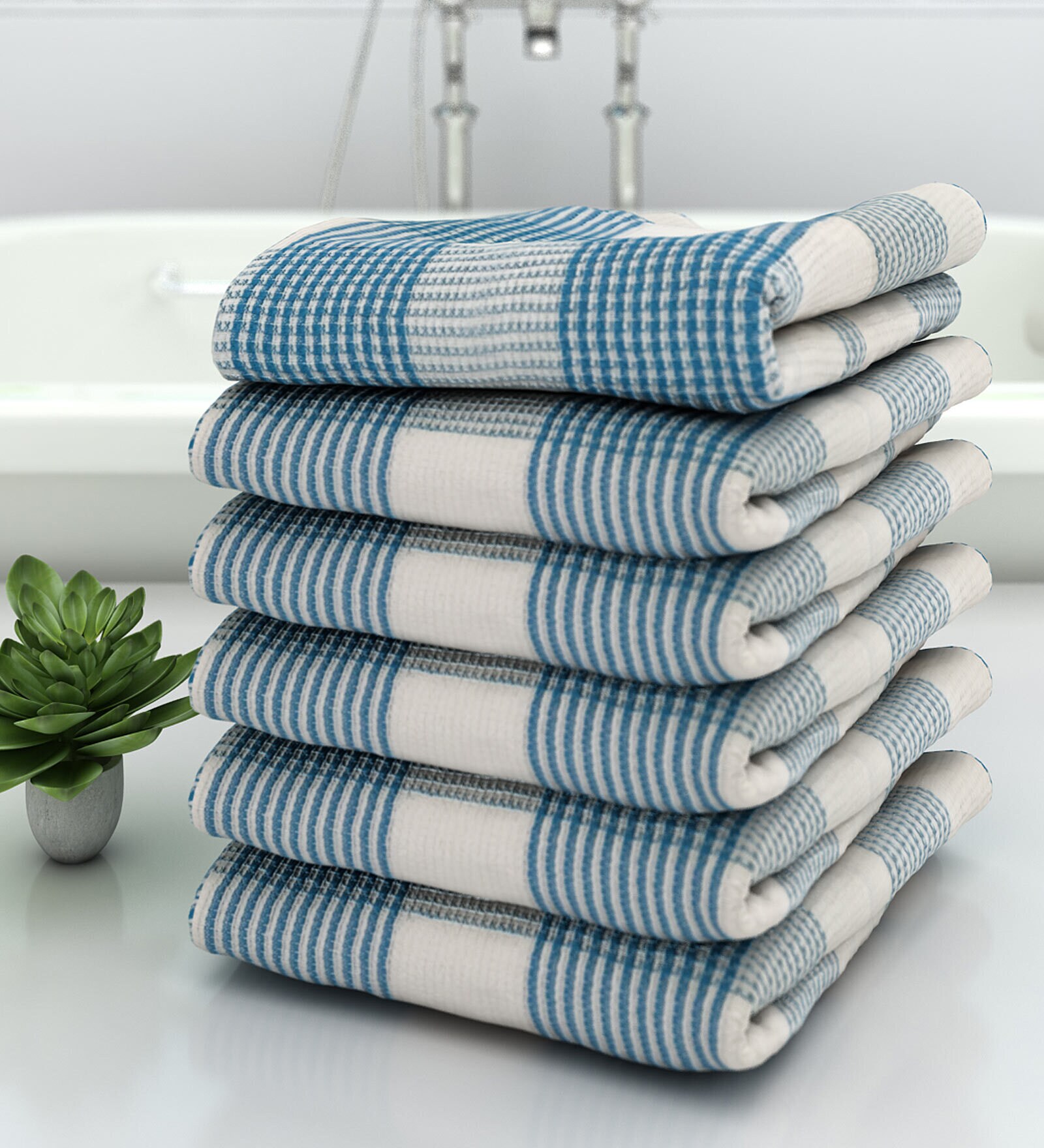 Blue Pin Stripes  210 GSM 100% Cotton Bath Towel (Set of 6)