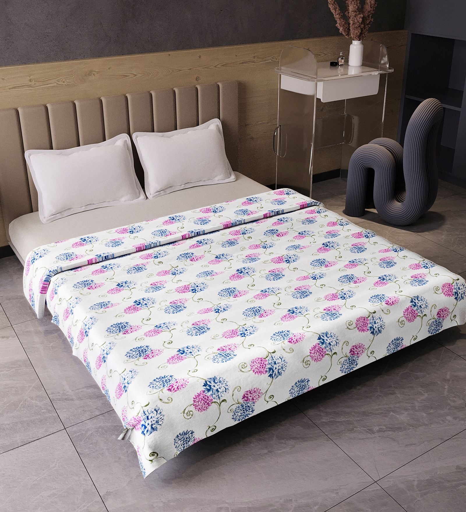 Blue Pink Cotton Floral 120 Gsm Double Dohar