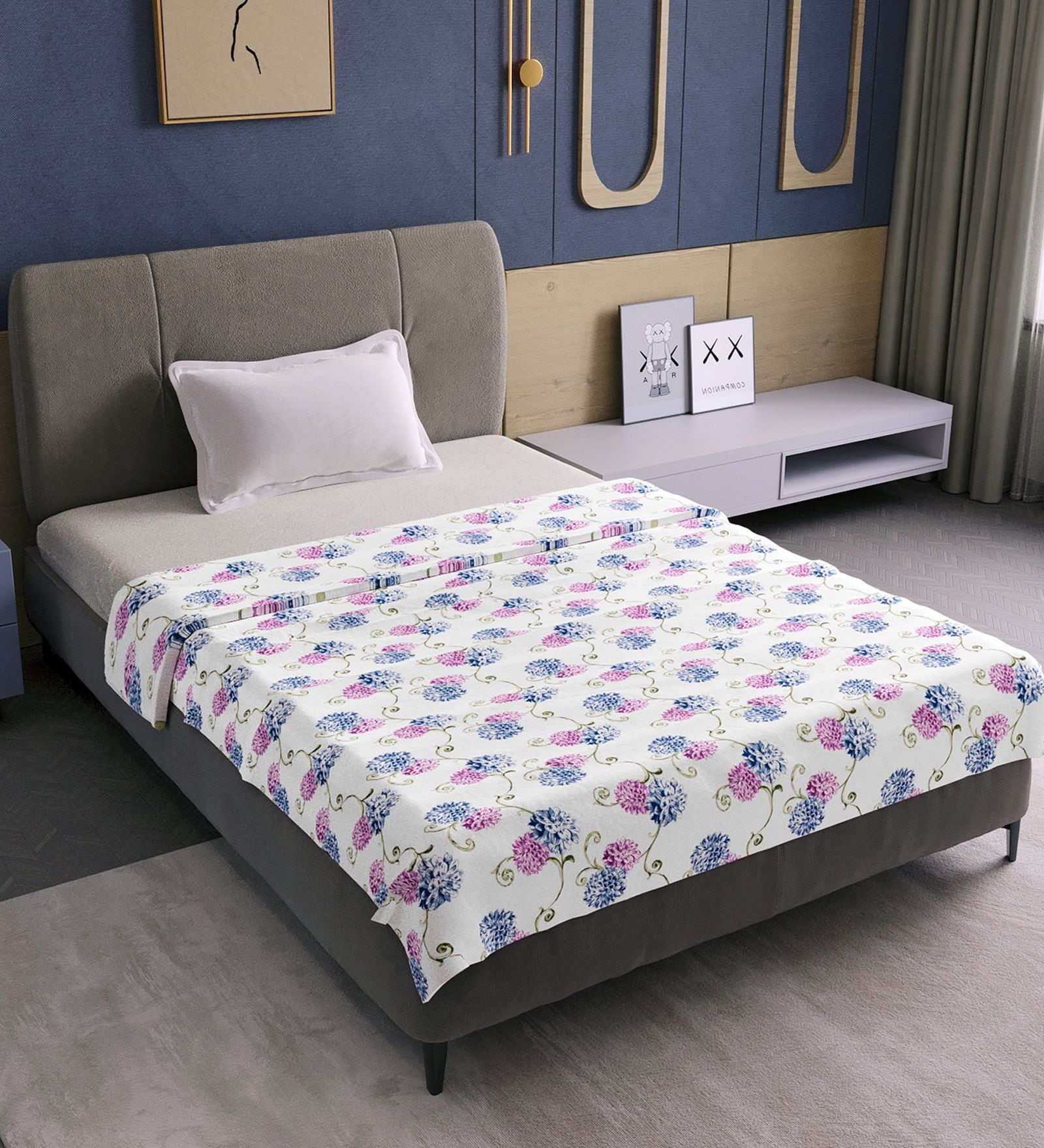 Blue Pink Cotton Floral 120 Gsm Single Dohar