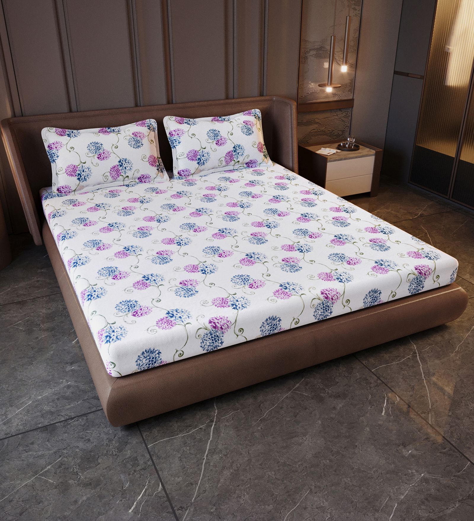 Blue Pink Floral 144 Tc Cotton Elastic Fitted King Bedsheet With 2 Pillowcovers