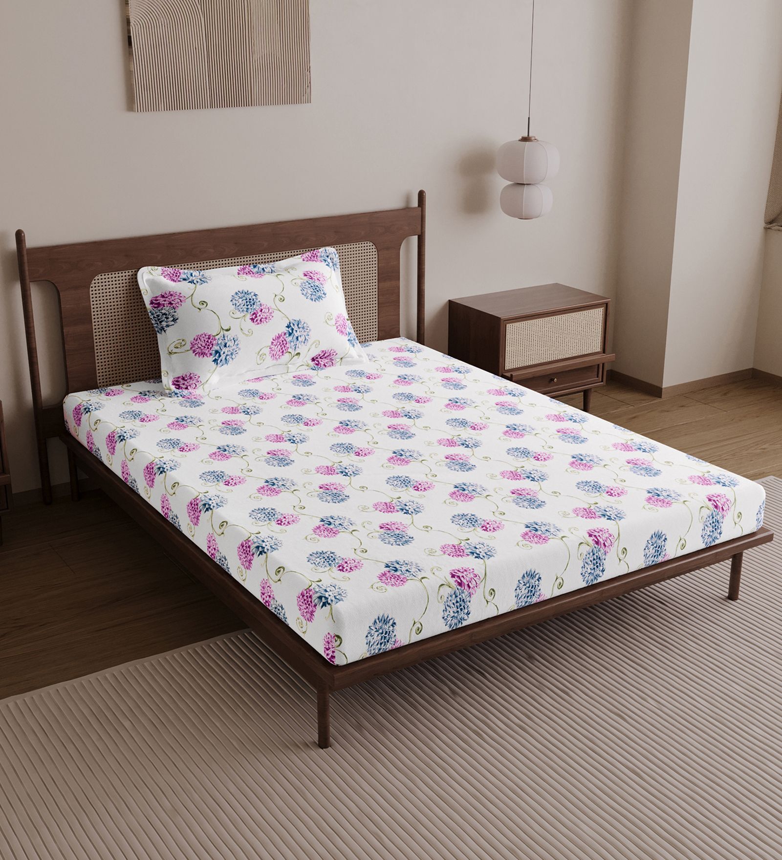 Blue Pink Floral 144 Tc Cotton Elastic Fitted Single Bedsheet With Pillowcover
