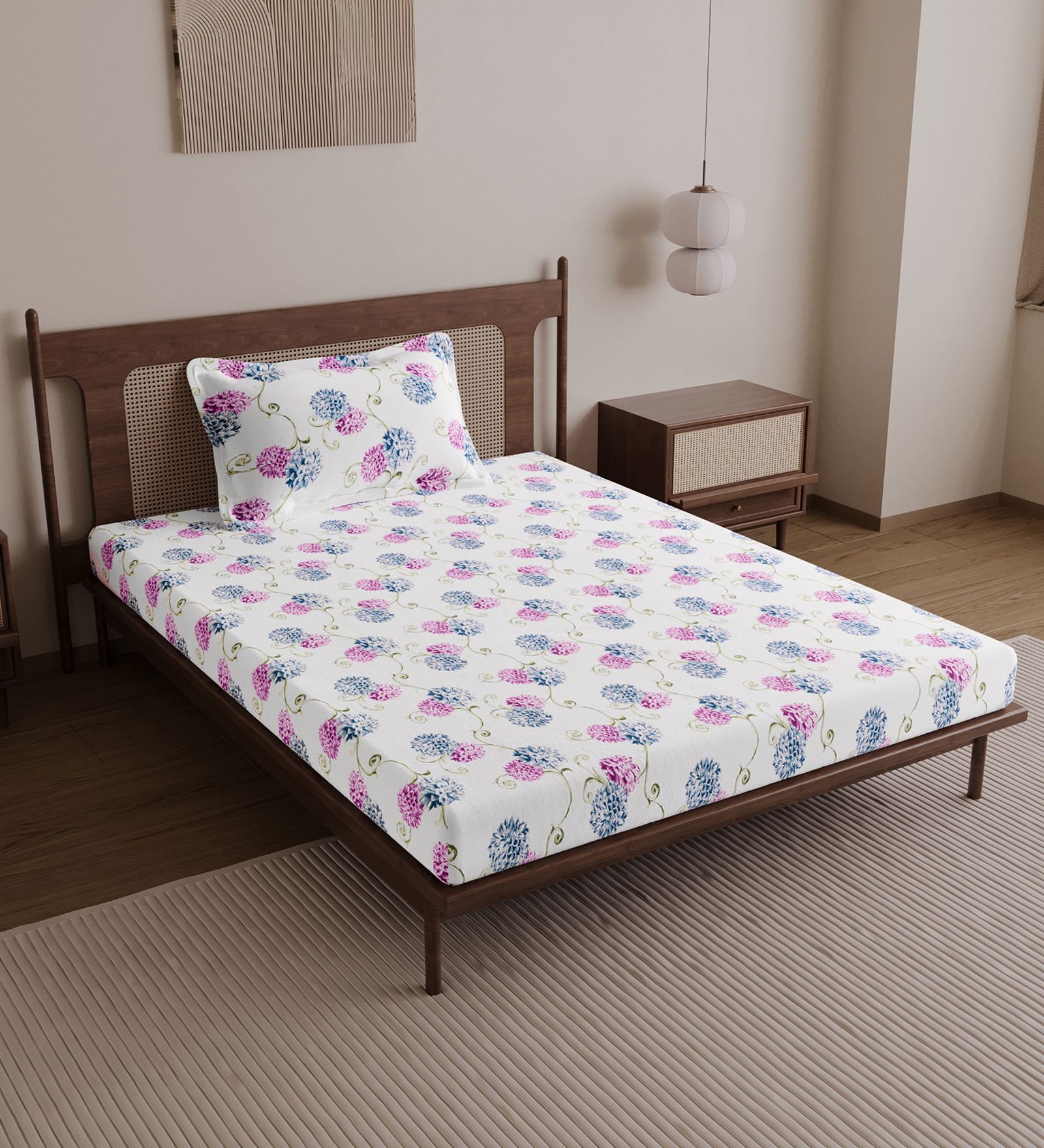 Blue Pink Floral 144 Tc Cotton Single Bedsheet With Pillowcover