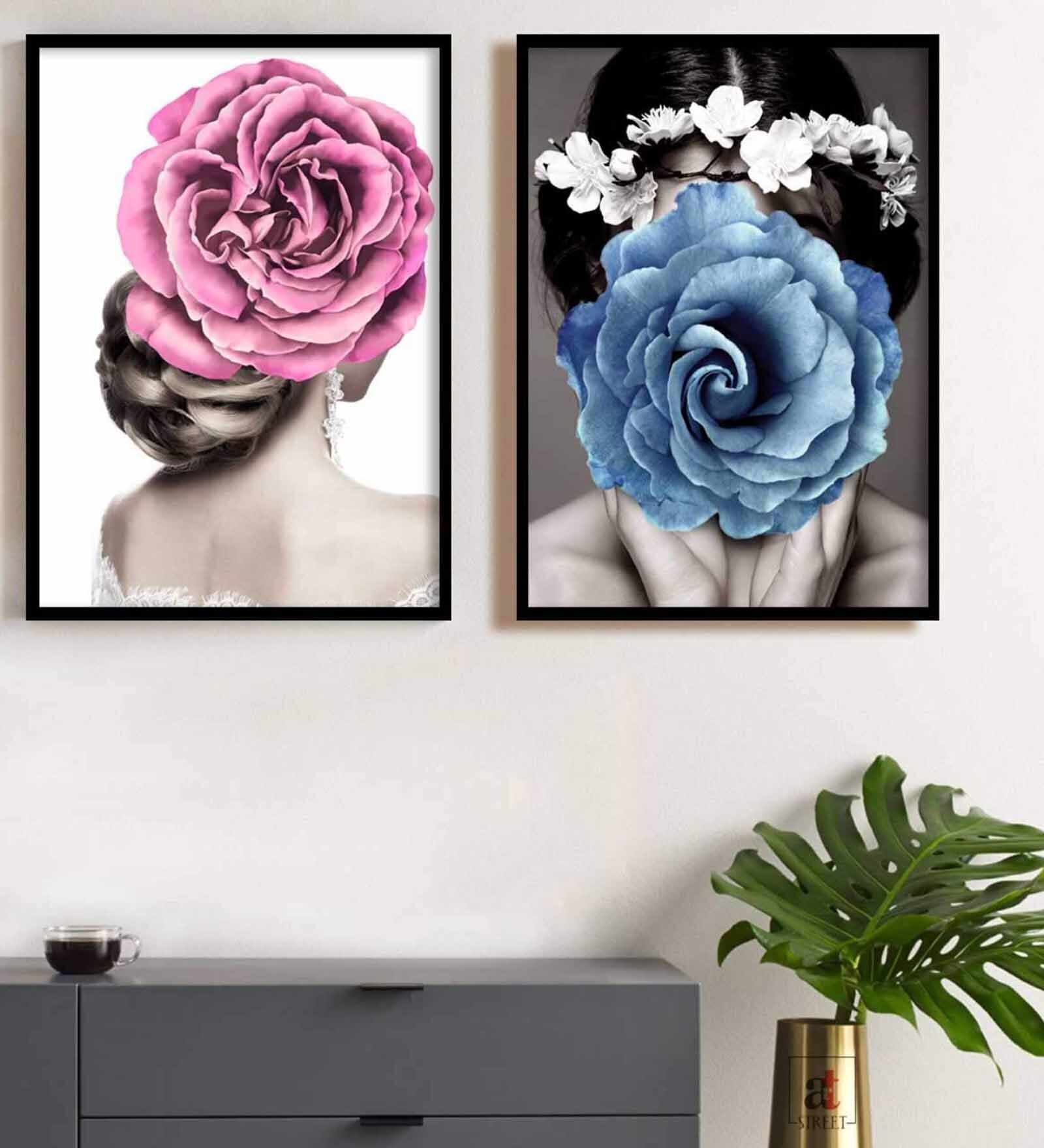 The Pictorial Vol Blue Canvas Framed Floral Art Print Set of 2