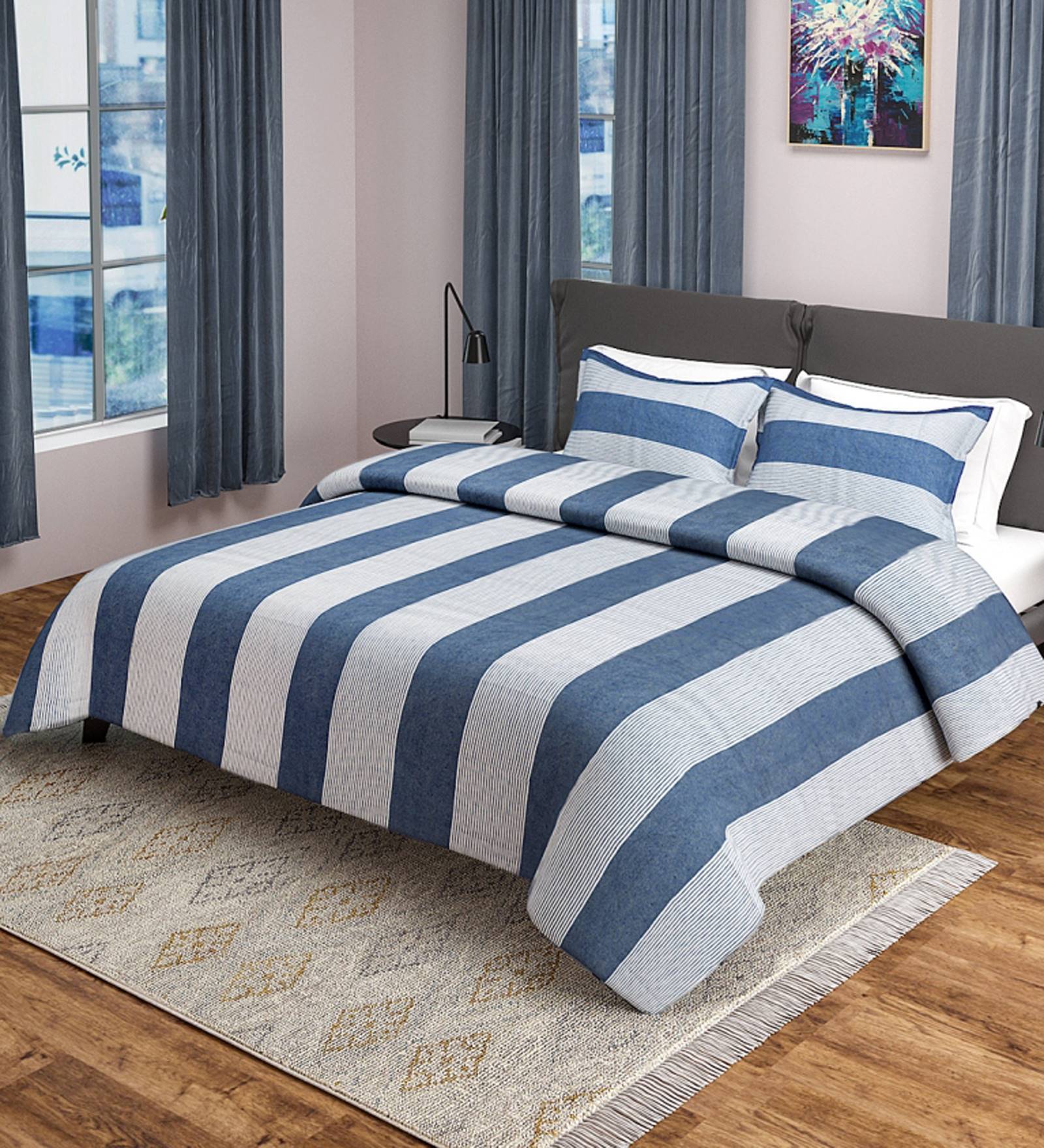 Blue Geometric 500 TC Poly Cotton Double Bed Cover with 2 Pillow Covers