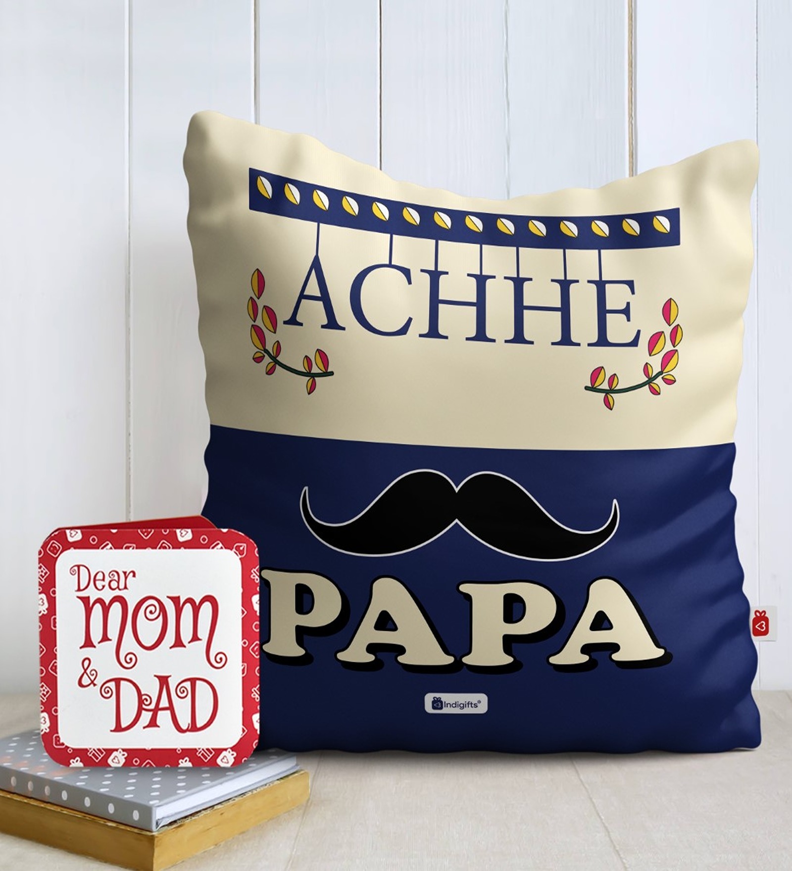 Blue Poly Cotton 12x12 inches 1 Cushion Cover with Filler and Free Greeting Card for Dad
