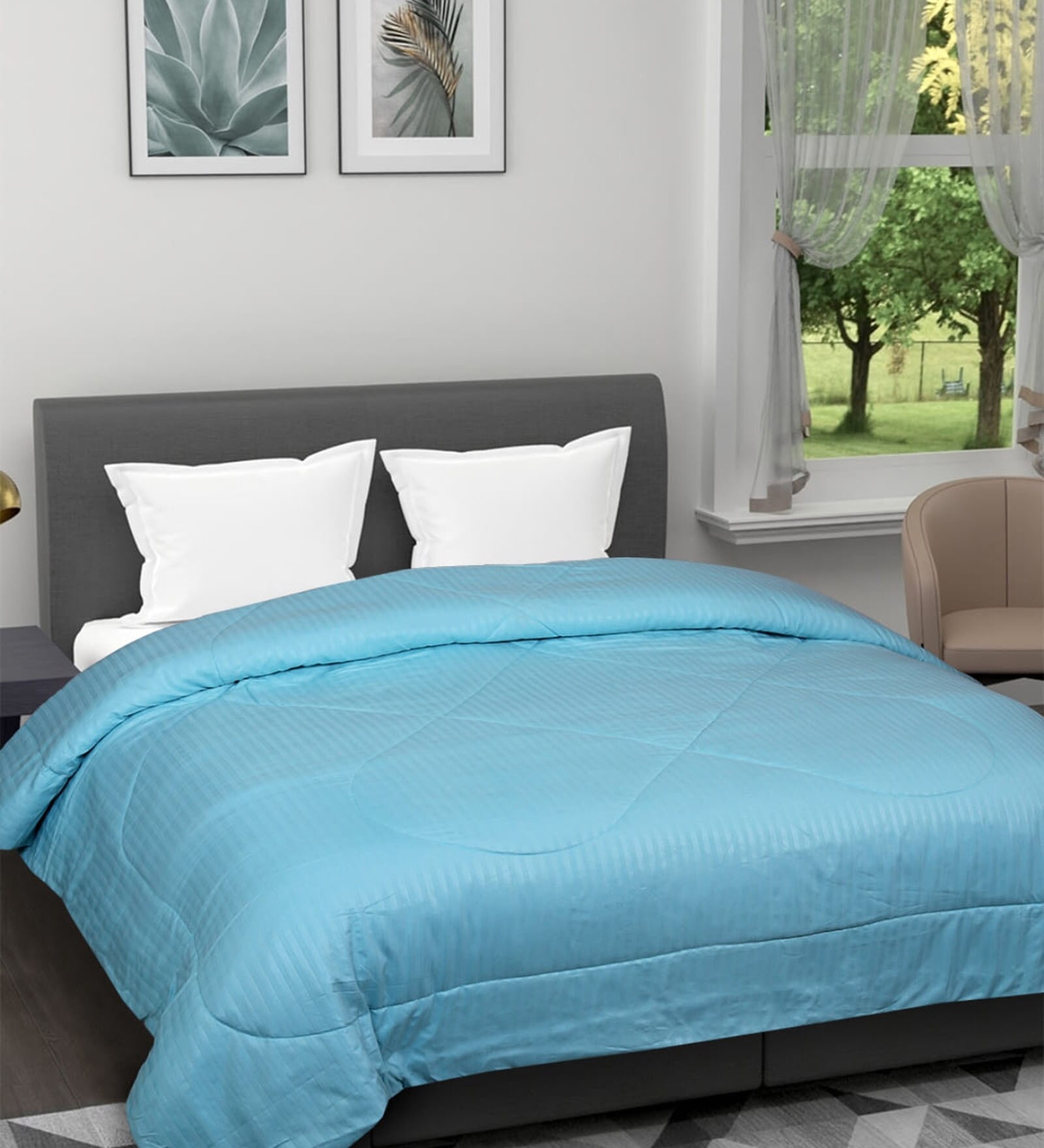 Blue Poly Cotton Striped 150 GSM Double Bed Comforter