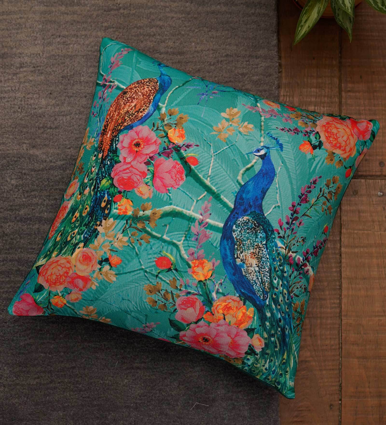 Blue Floral Poly Canvas 16 x 16 Inches Cushion Cover