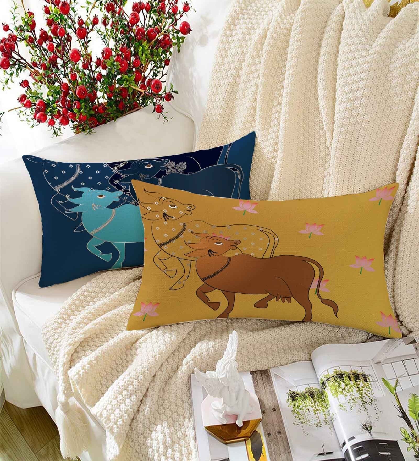 Blue Polycotton Ethnic motif 12x18 inches Cushion Covers (Pack of 2)