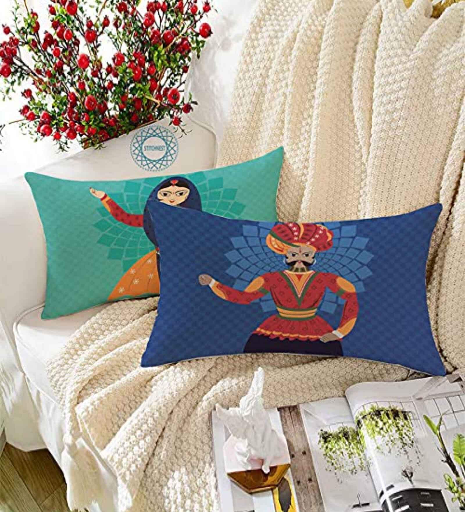 Blue Polycotton Ethnic motif 12x18 inches Cushion Covers (Pack of 2)