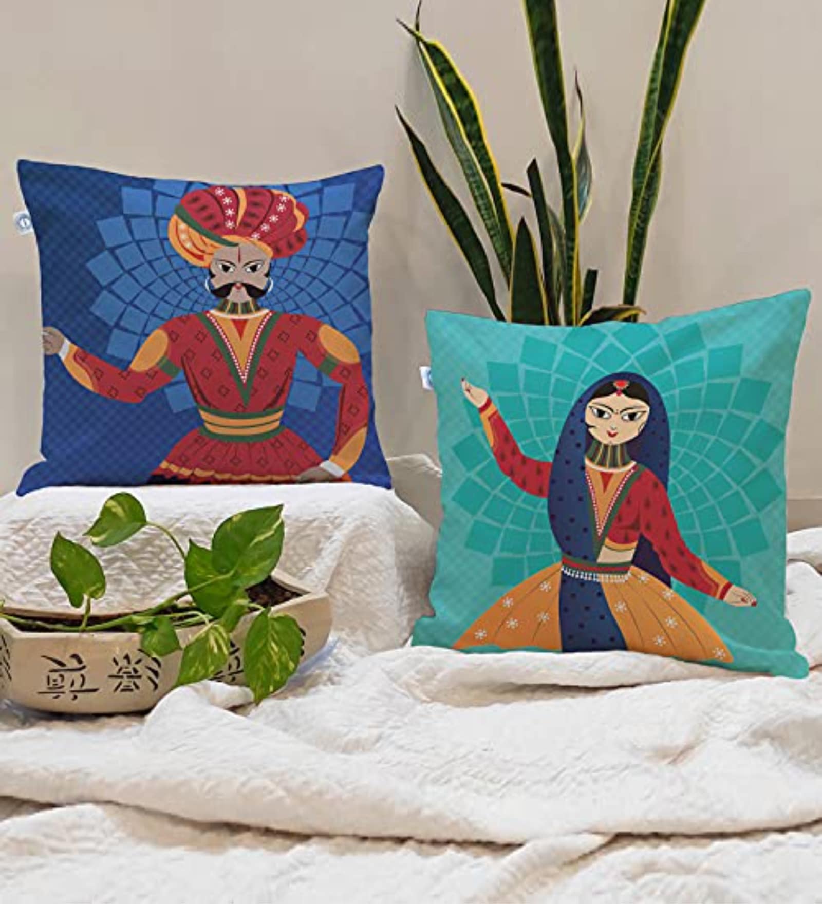Blue Polycotton Ethnic motif 24x24 inches Cushion Covers (Pack of 2)