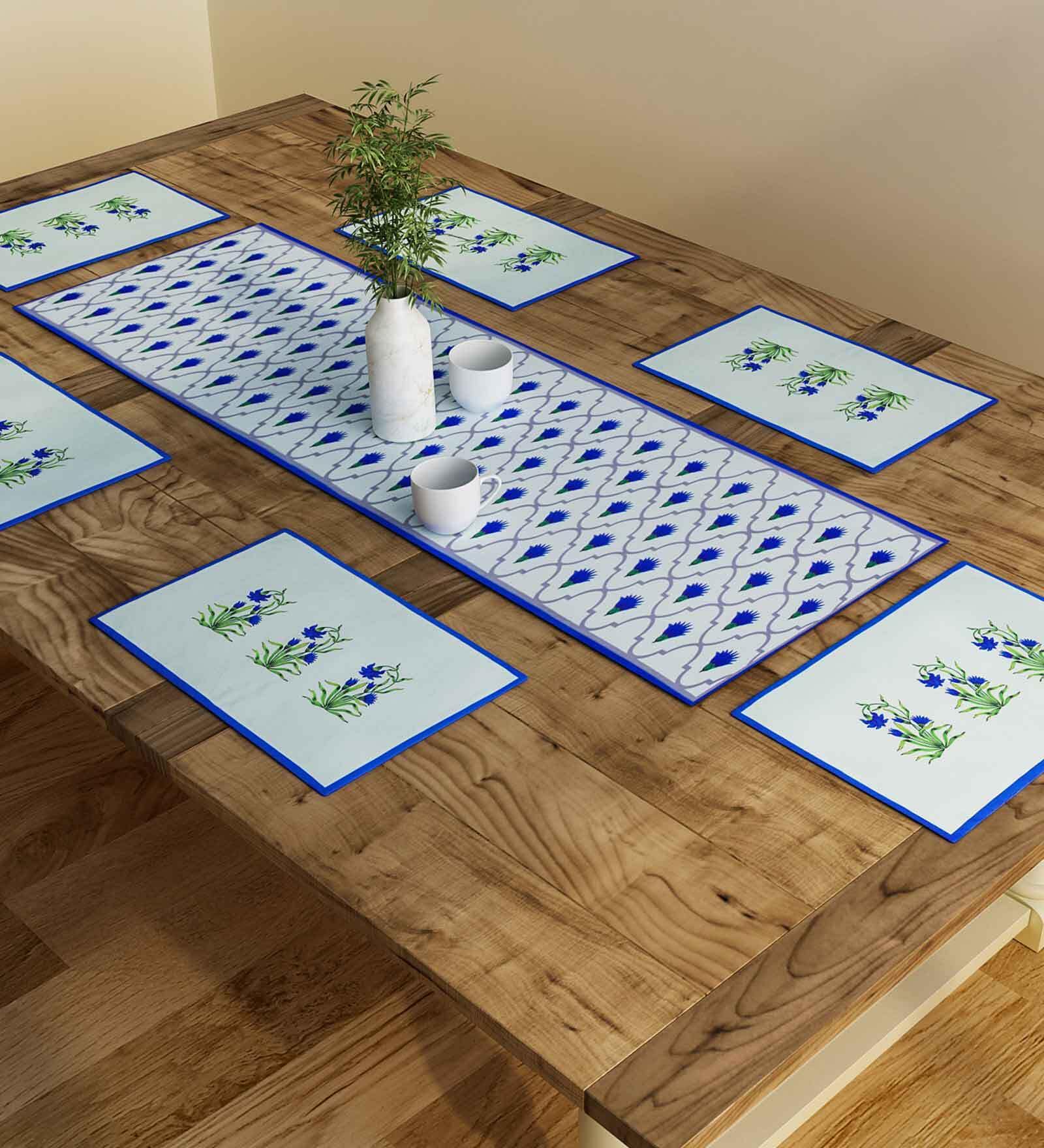 Freesia Floral (12x18) Blue & White Poly Cotton (Set of 6) Table Linen Set