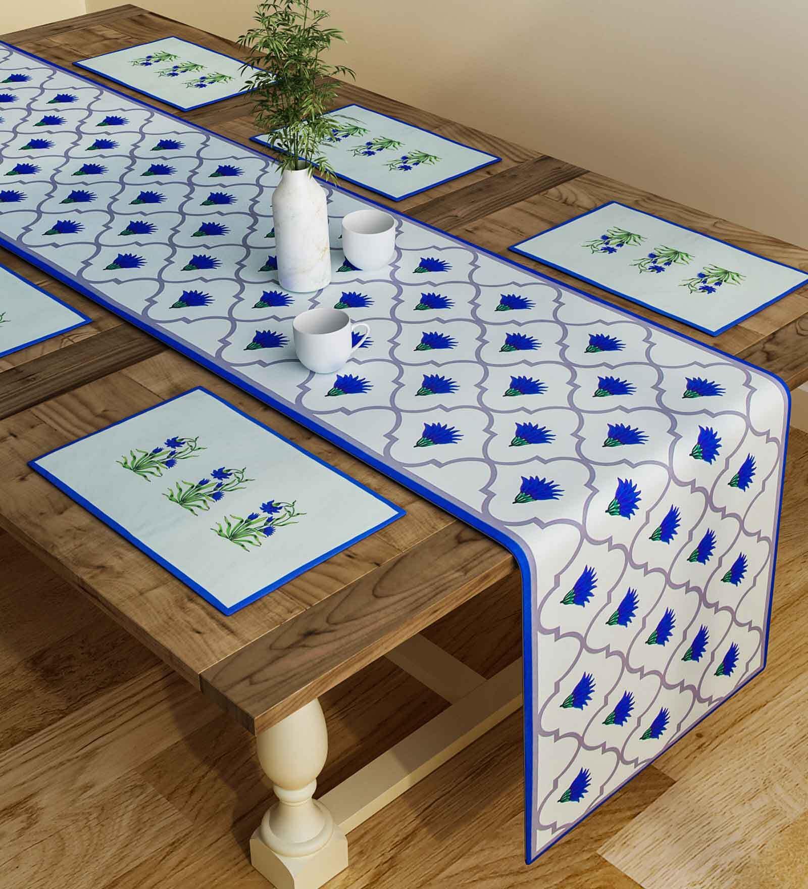 Floral (12x18) White & Blue Poly Cotton (Set of 6) Table Linen Set