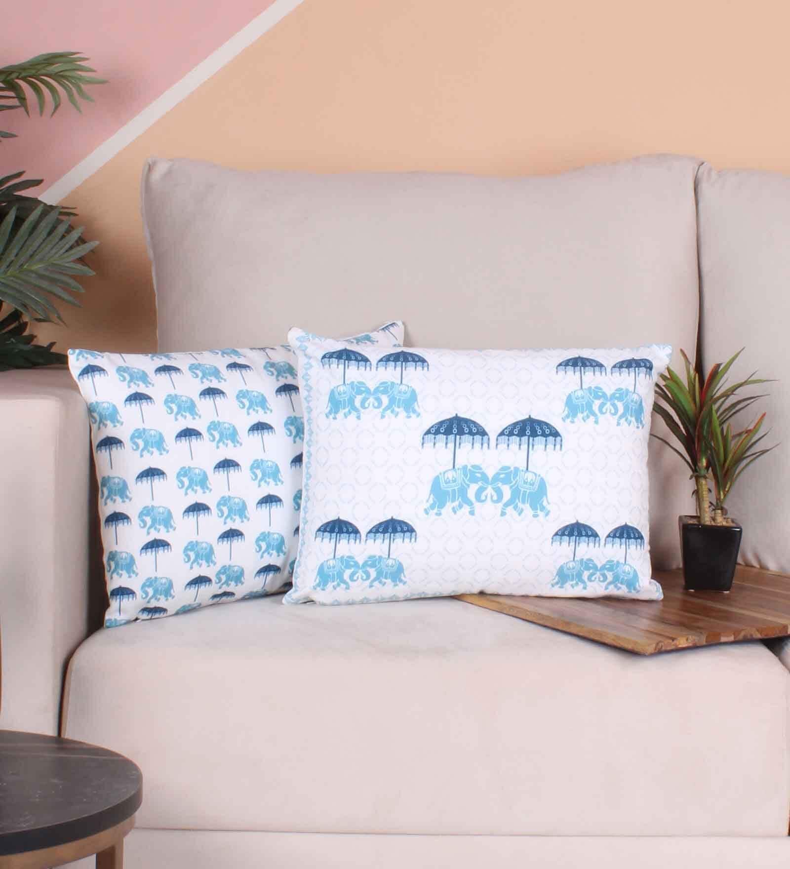 Blue Polycotton Floral 12x18 inches Cushion Covers (Pack of 2)